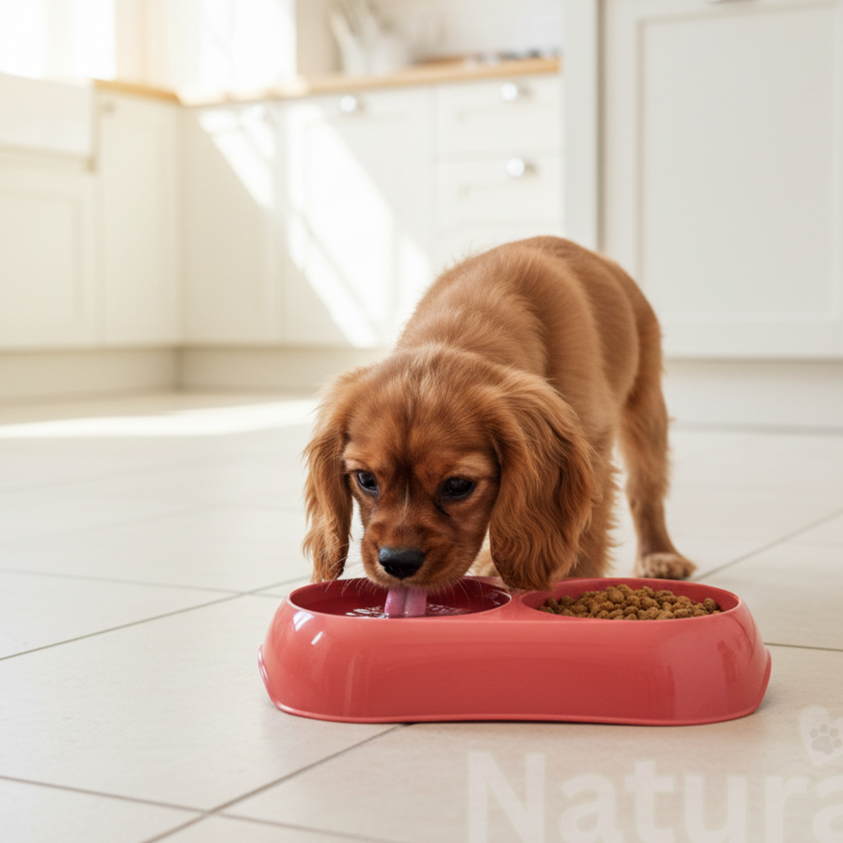 A small brown dog standing on a light tile kitchen floor, drinking water and eating kibble from a pink dual-compartment pet food bowl.