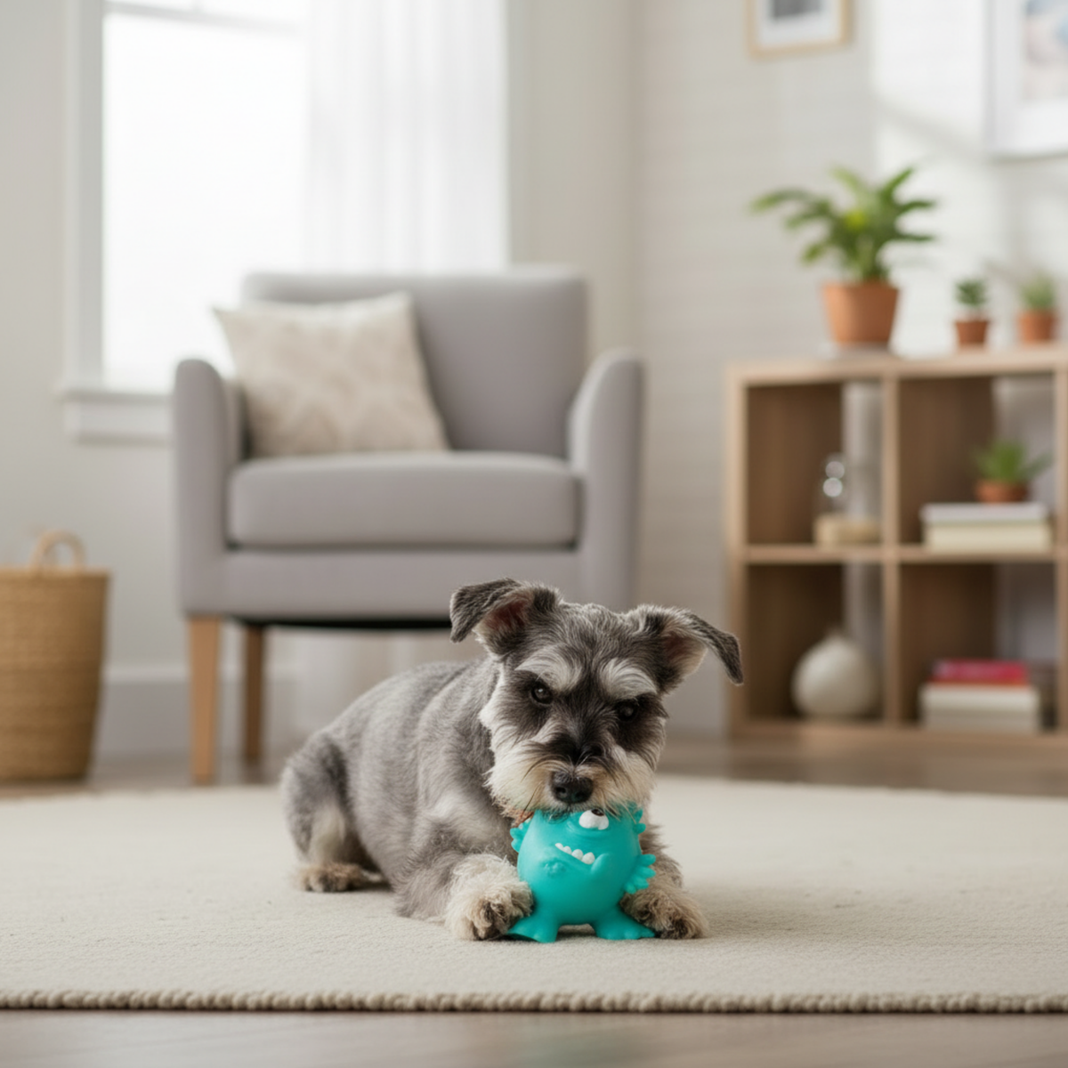 A gray and white Schnauzer dog lies on a cream rug in a bright, modern living room, holding a bright teal dinosaur-shaped dog toy.