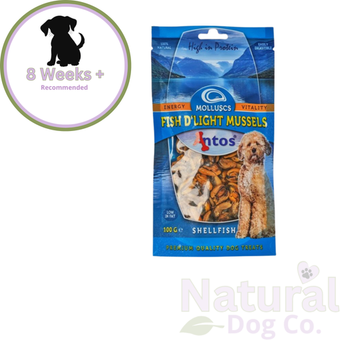 A package of Antos Mollusucas Fish D'Light Mussels shellfish dog treats, shown on a white background with a 'Natural Dog Co.' watermark and an '8 Weeks + Recommended' badge with a dog silhouette.