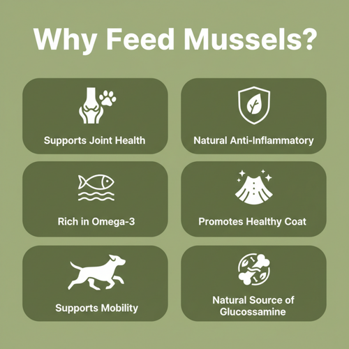 An informational graphic with the heading 'Why Feed Mussels?' on an olive green background, showing six dark green rounded panels with white icons and text: supports joint health, natural anti-inflammatory, rich in Omega-3, promotes healthy coat, supports mobility, and natural source of glucossamine.