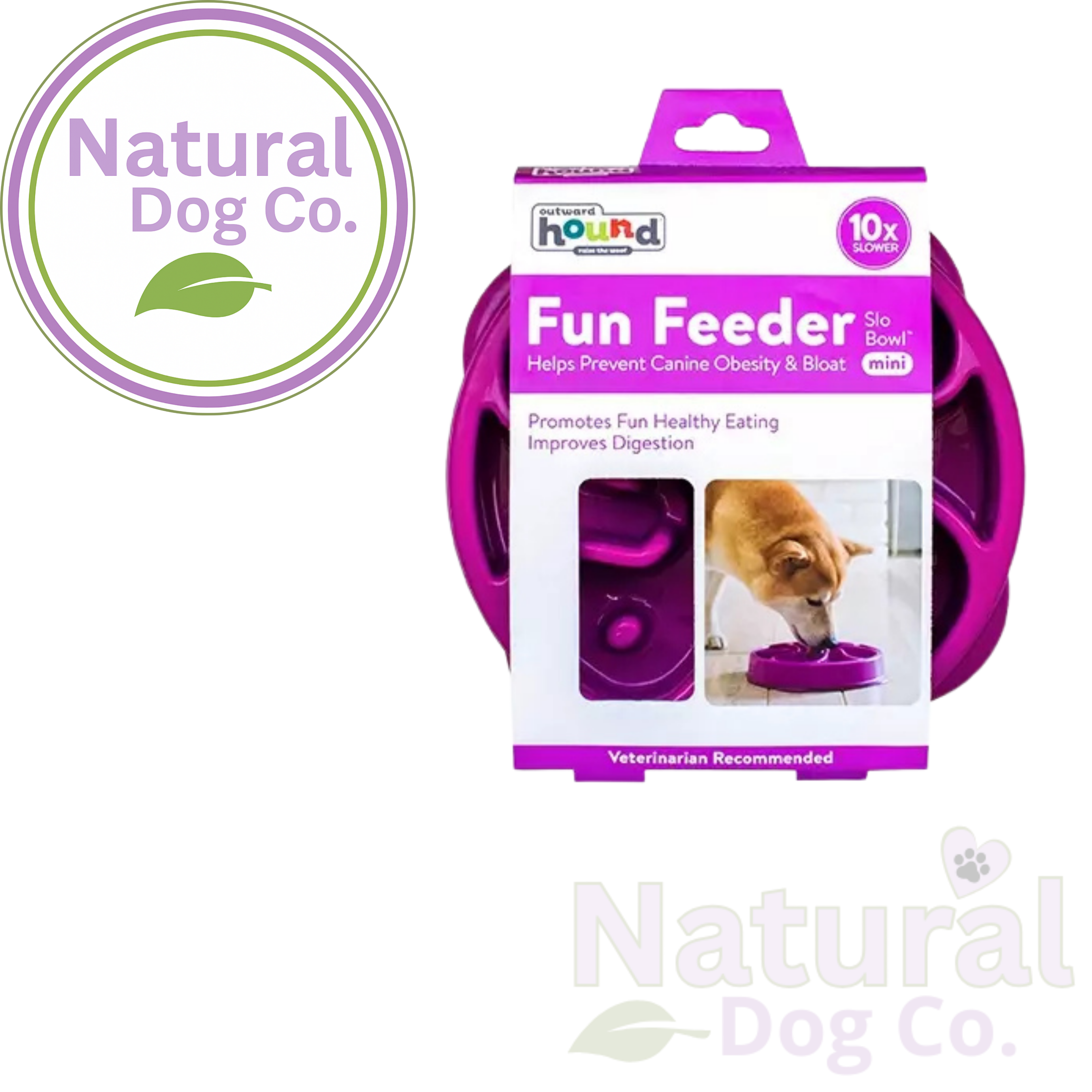 Natural Dog Co. Outward Houhd Fun Feeder dog slo feeder bowl in its retail packaging, featuring a purple multi-compartment design and a picture of a dog eating from the feeder on the box.
