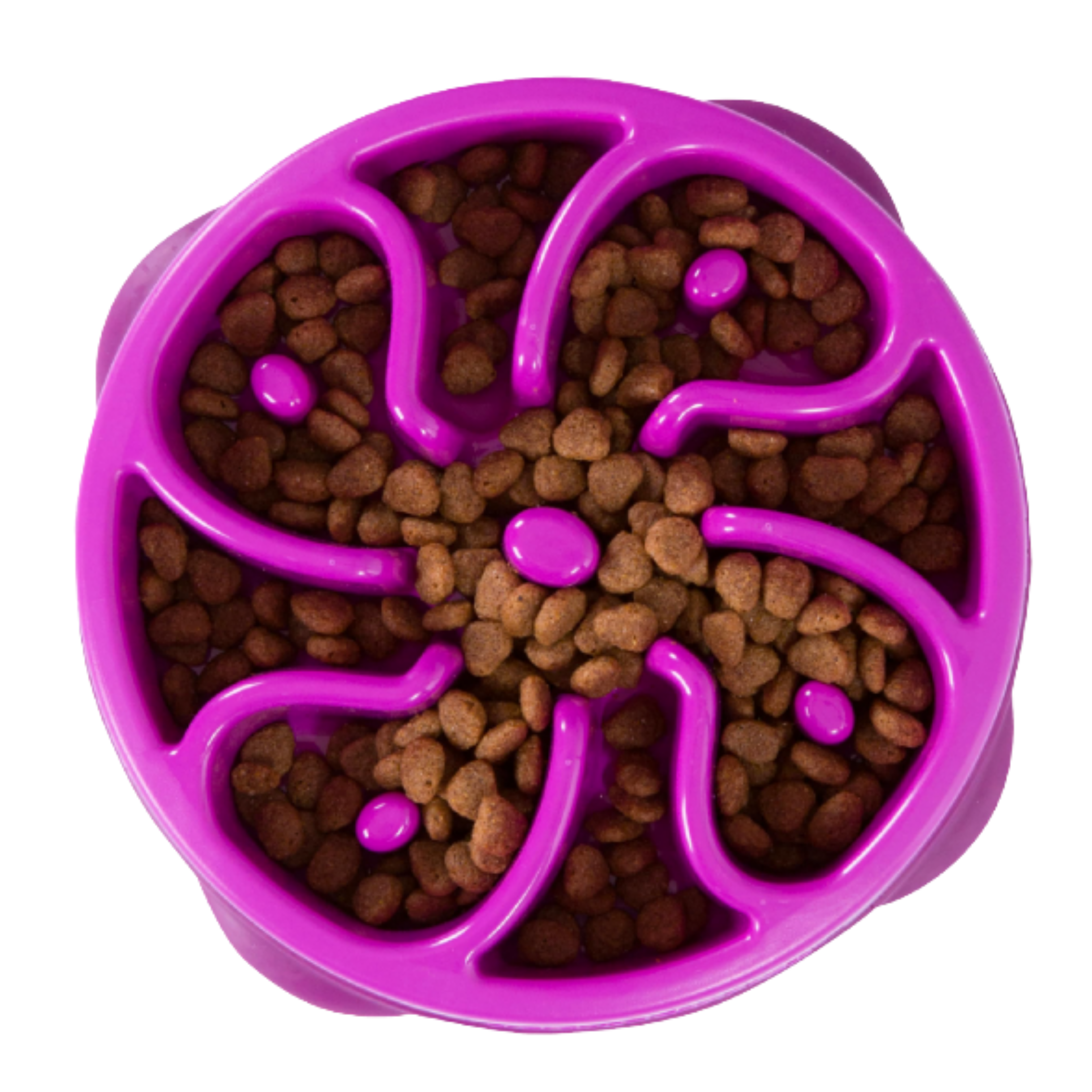 A purple pet slow feeder flower design bowl filled with brown kibble dog food, shown from a top-down view on a white background.