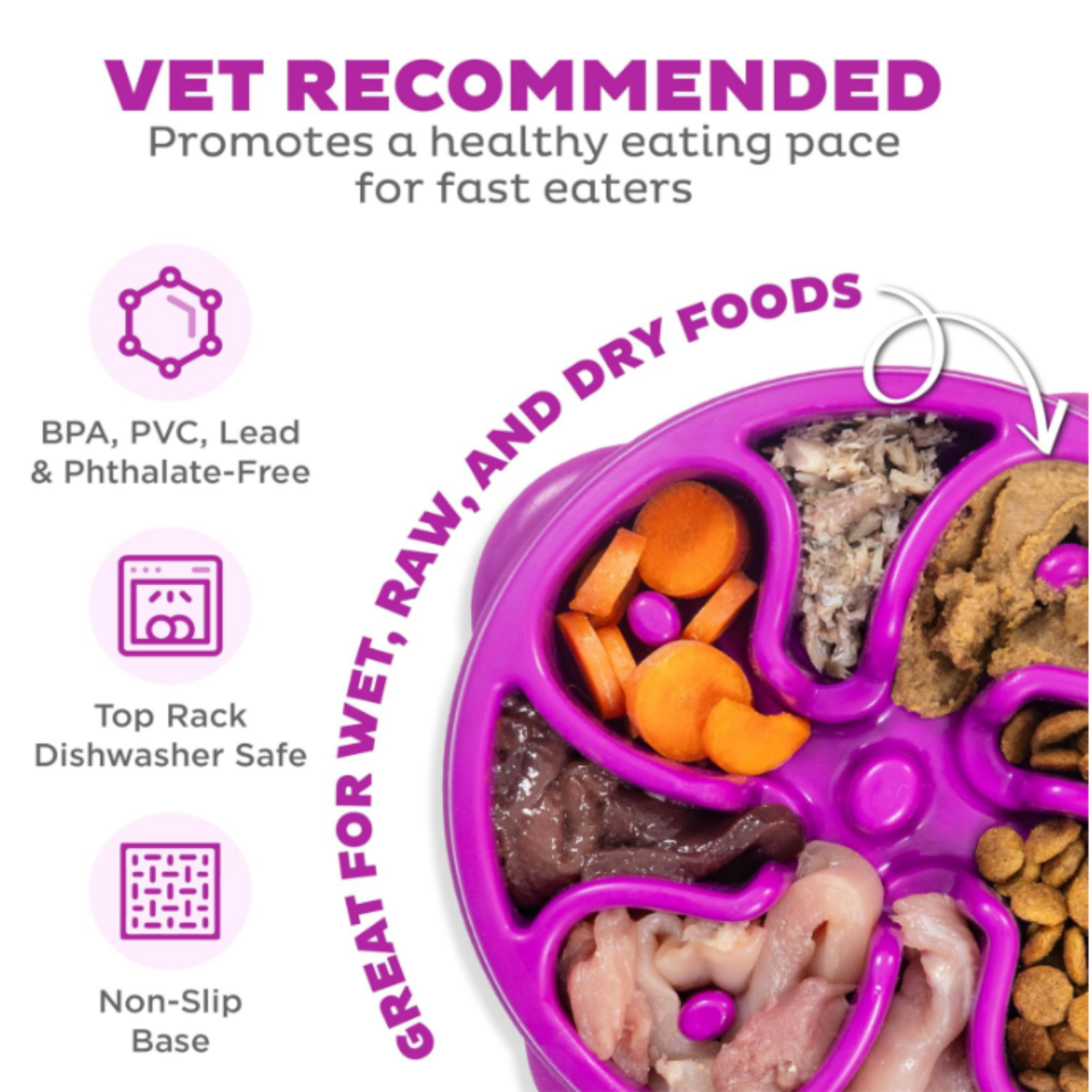 A purple segmented pet food bowl filled with wet and dry foods, shown on a white background with marketing text and icons. The text reads 'VET RECOMMENDED' and highlights BPA, PVC, lead and phthalate-free materials, dishwasher safety, and a non-slip base.