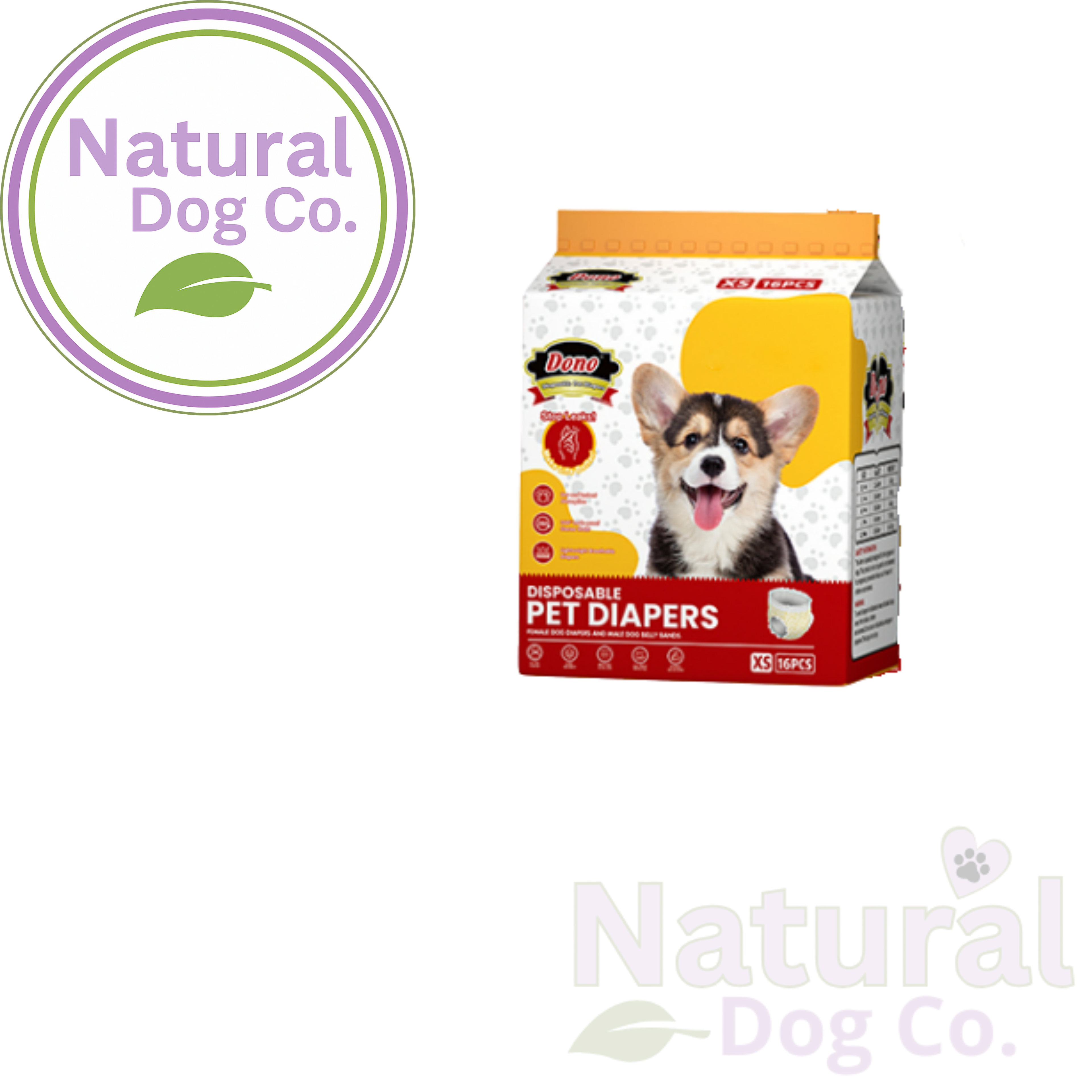 A package of Natural Dog Co. Dono Disposable Pet Diapers, featuring a white and orange bag with a picture of a corgi and a red bottom banner, shown on a white background with a brand logo overlay in the top left and a faint watermark at the bottom right.