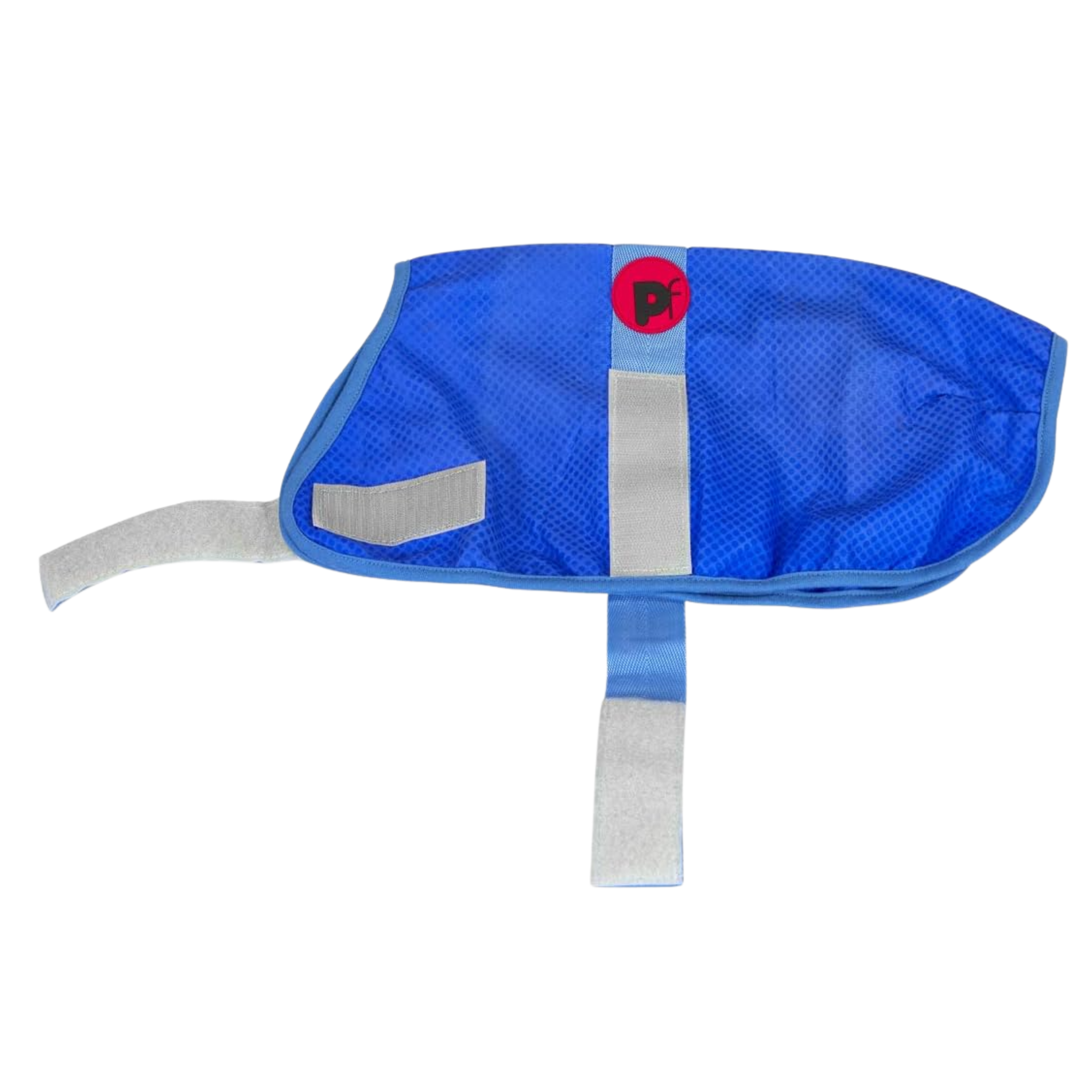 A blue mesh pet cooling coat with reflective silver straps and a red circular logo patch on the front, shown against a plain white background.