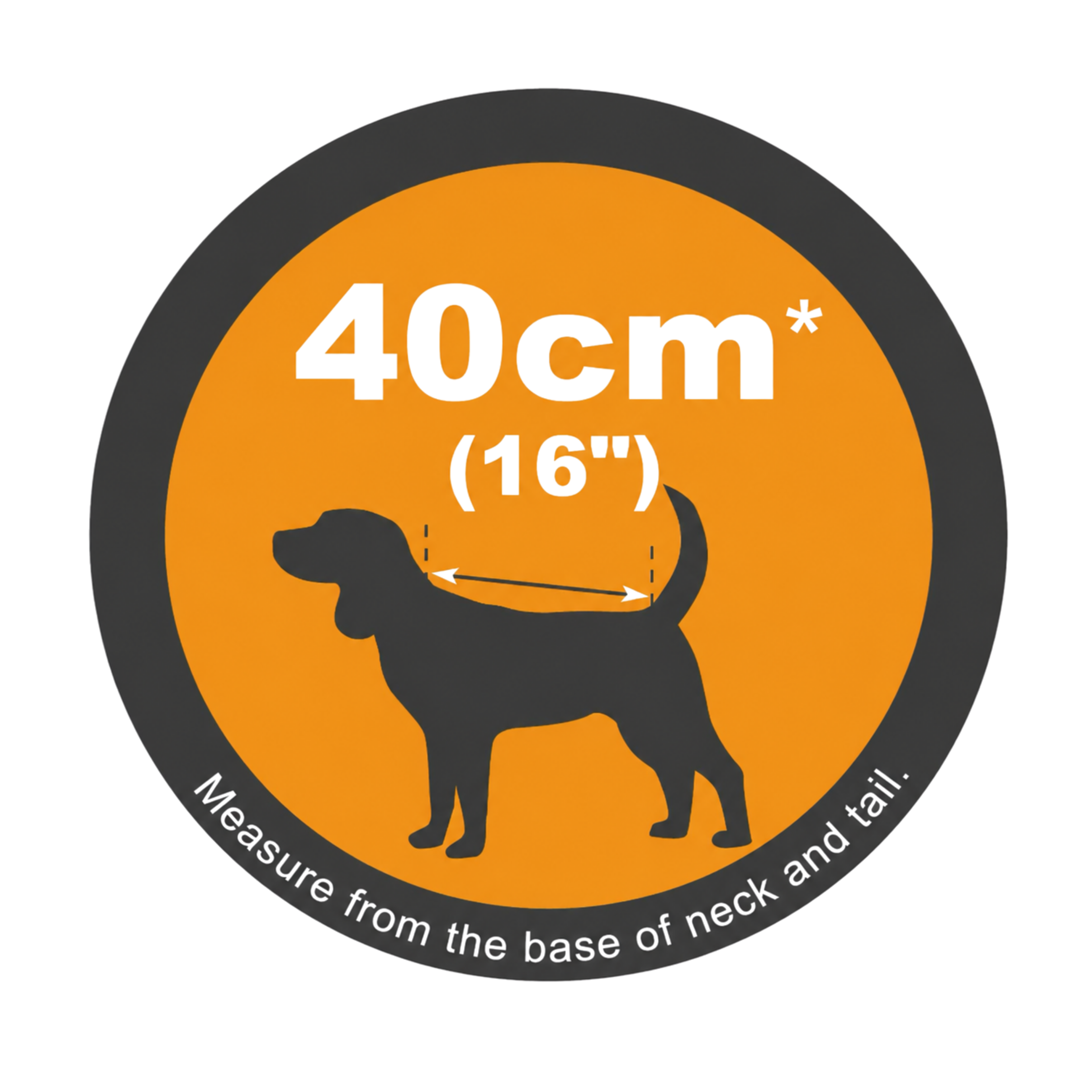 A circular orange and dark gray size guide sticker for a dog's neck and tail length, indicating a 40cm (16") measurement with a black dog silhouette and text instructions.