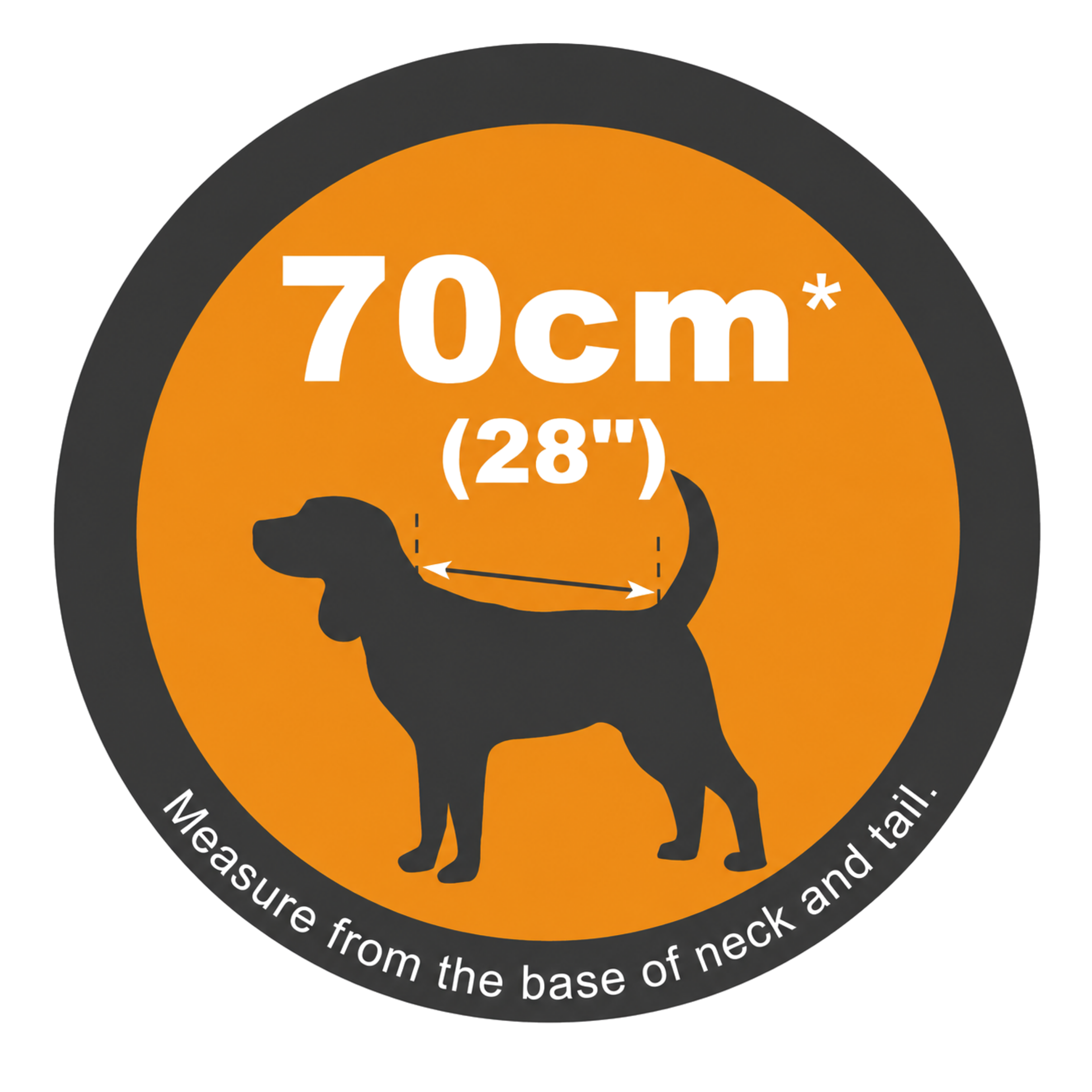 A circular size guide graphic for a dog collar, showing a black dog silhouette on an orange background with a dark gray border. White text reads '70cm * (28")' and 'Measure from the base of neck and tail.