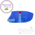A blue mesh dog cooling coat with the brand logo for Petface, with a light blue strap and a red circular logo patch, shown on a white background with the Natural Dog Co. logo in the top left and bottom right.