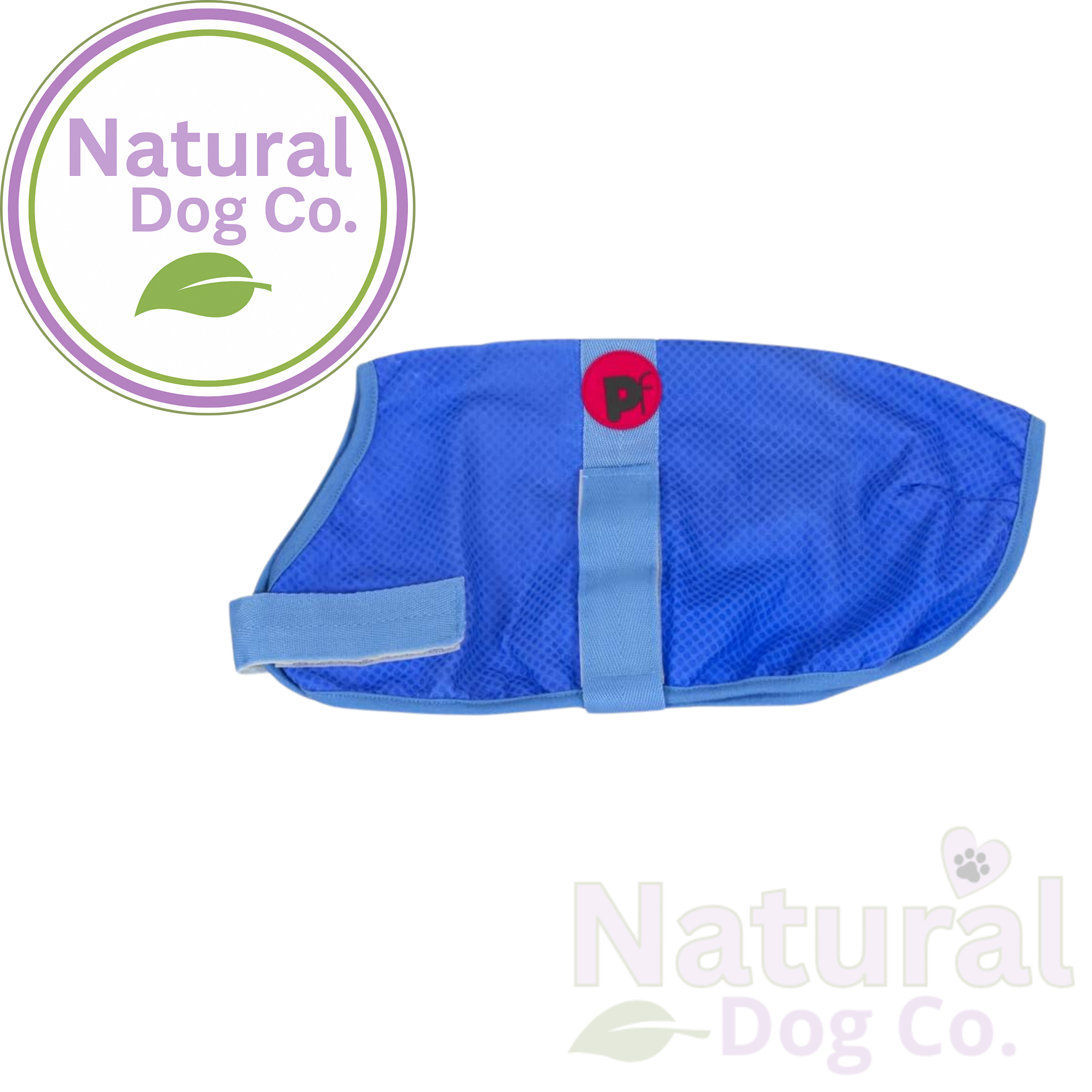A blue mesh dog cooling coat with the brand logo for Petface, with a light blue strap and a red circular logo patch, shown on a white background with the Natural Dog Co. logo in the top left and bottom right.