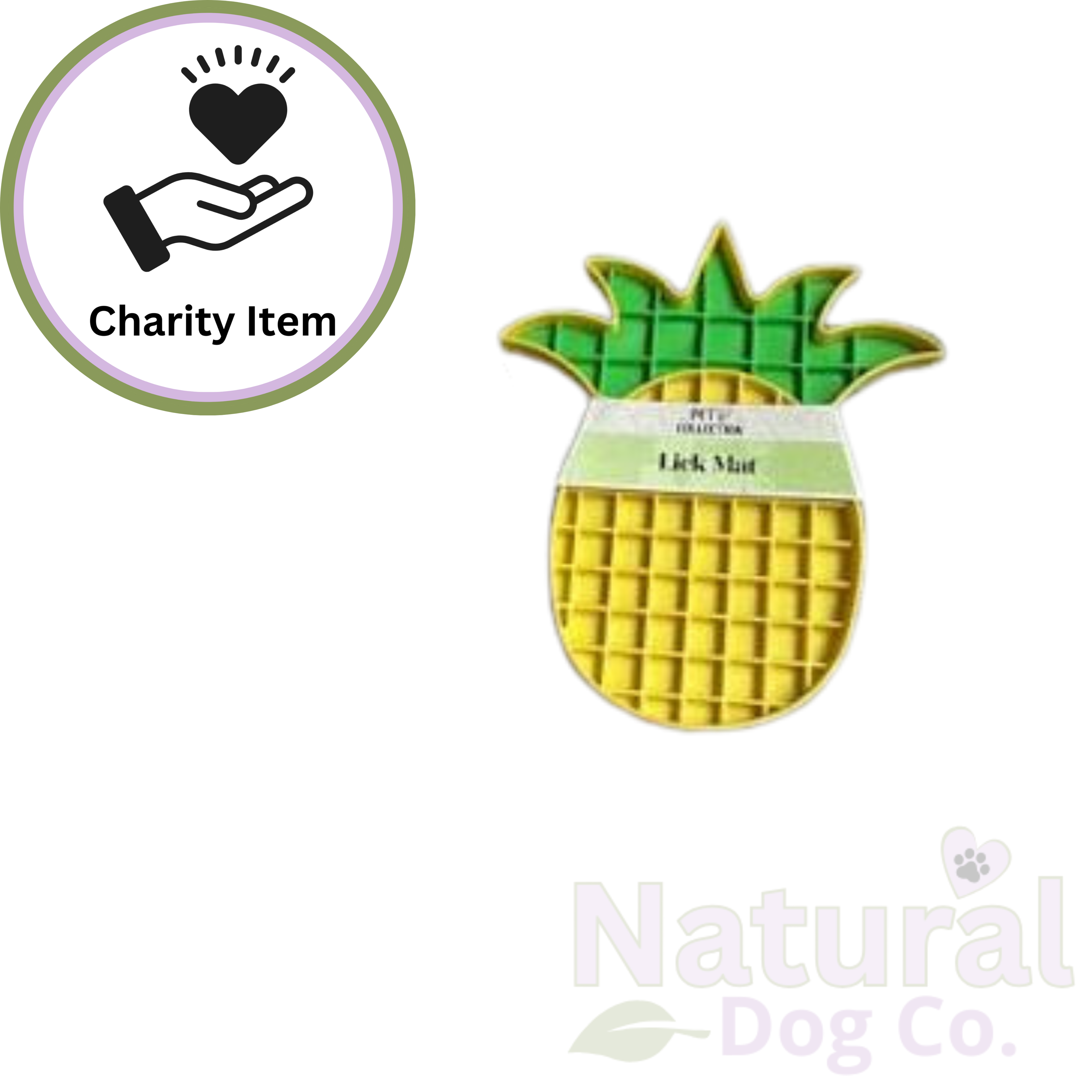 A pineapple-shaped pet lick mat by Natural Dog Co. on a white background, featuring a yellow grid-patterned base and green leafy top.