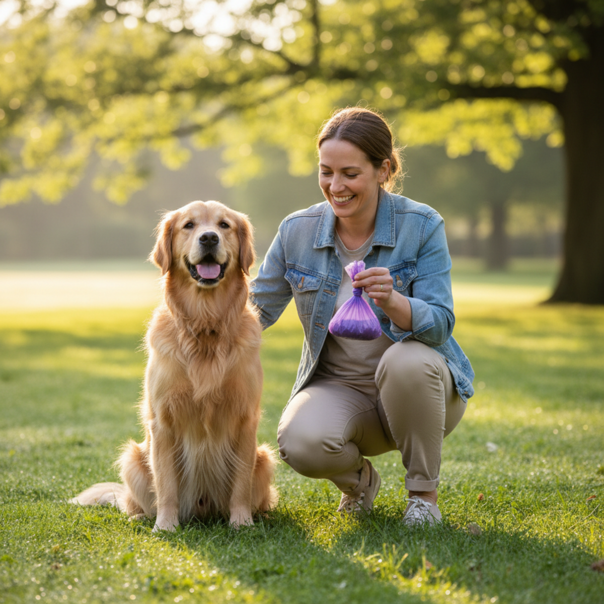 A woman crouches on a sunny park lawn next to a golden retriever dog, holding a small purple bag. The woman is wearing a light blue denim jacket, beige pants, and white sneakers, while the dog sits attentively on the grass.