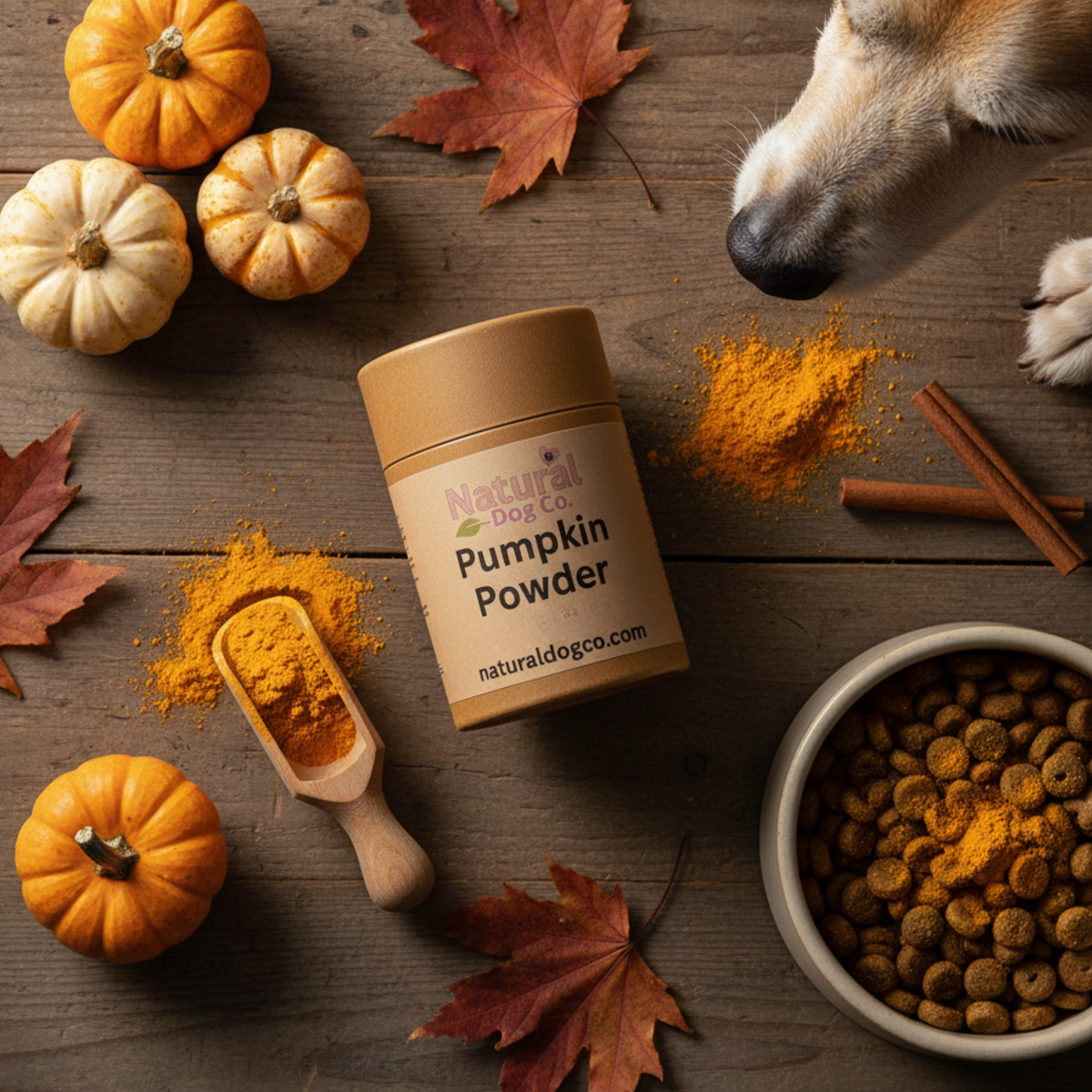 A jar of Natural Dog Co Pumpkin Powder dog supplement is displayed on a rustic wooden table with autumn props, including small pumpkins, maple leaves, cinnamon sticks, a scoop of the orange powder, and a bowl of dry dog food. A dog's nose and paw are visible in the top right corner.