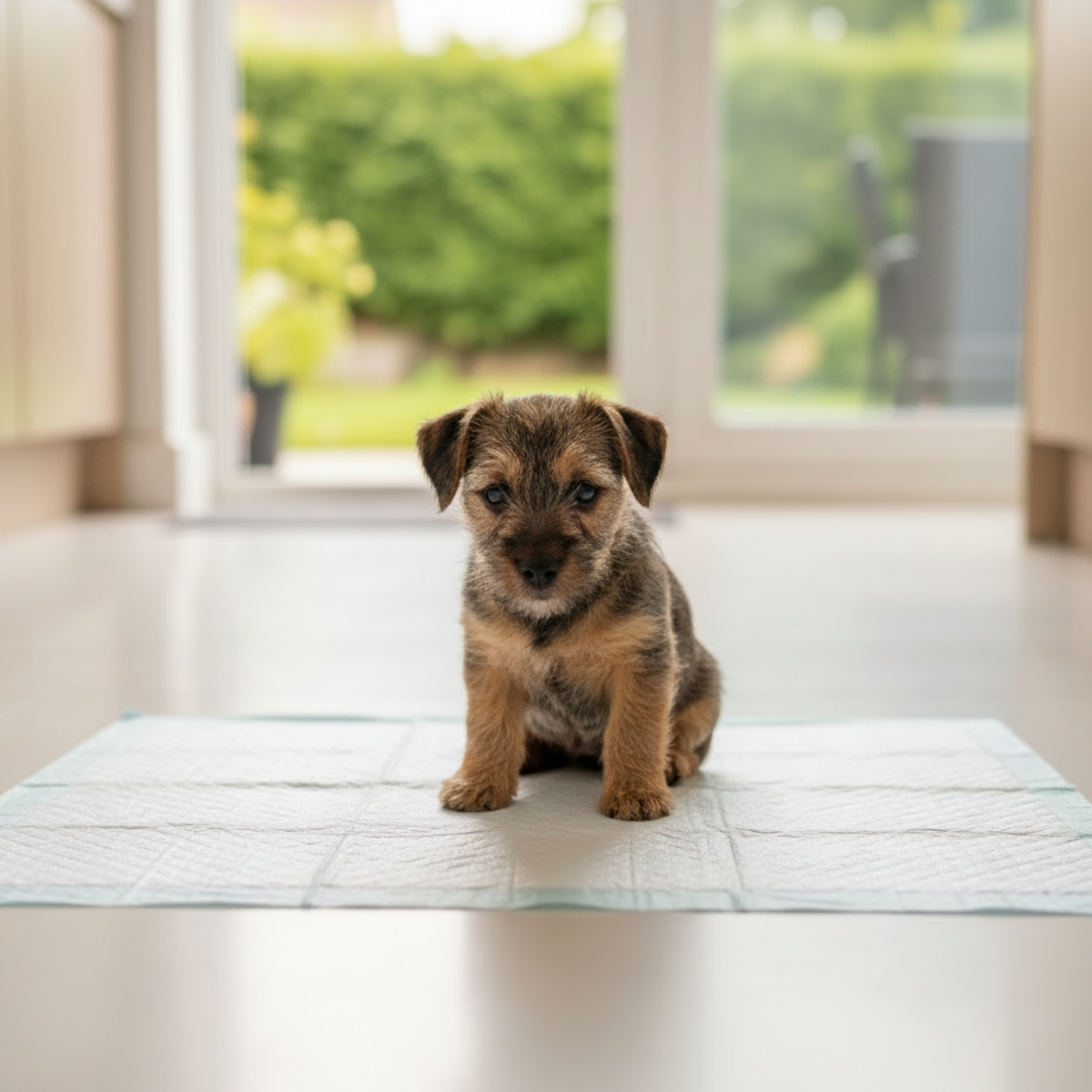 A small brown and black puppy sits on a light blue and white absorbent pad on a glossy floor in a bright room with a window showing a green garden outside.