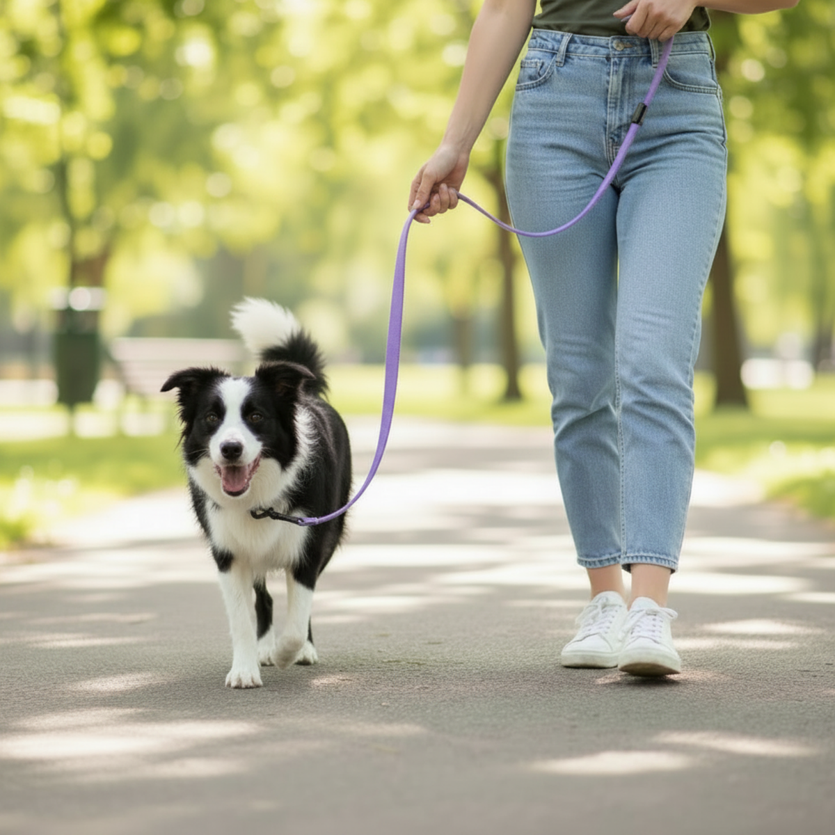 A person walking a black and white dog on a purple leash along a sun-dappled park path.