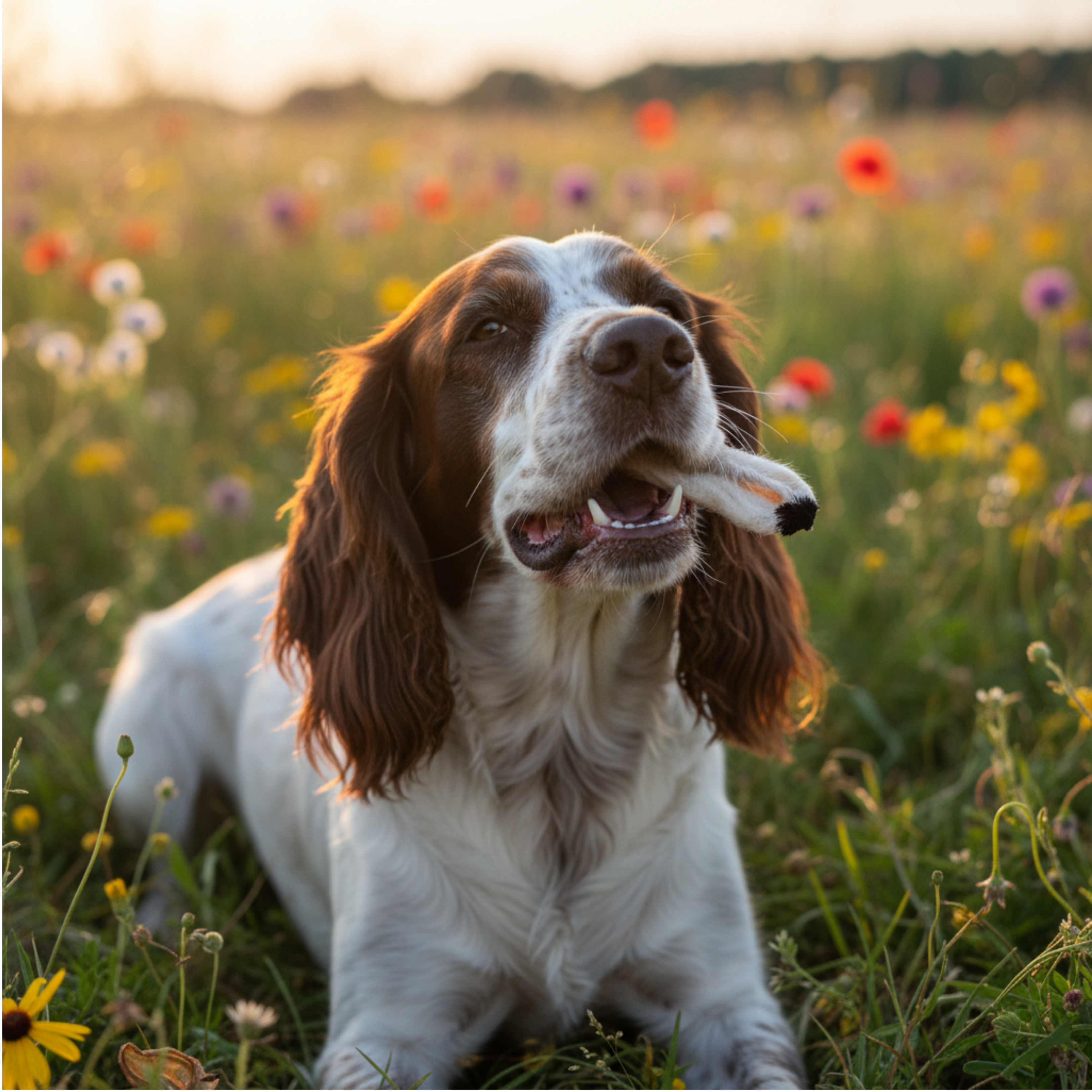 A brown and white long-eared dog lying in a sunlit field of wildflowers, holding a rabbit ear with fur in its mouth.