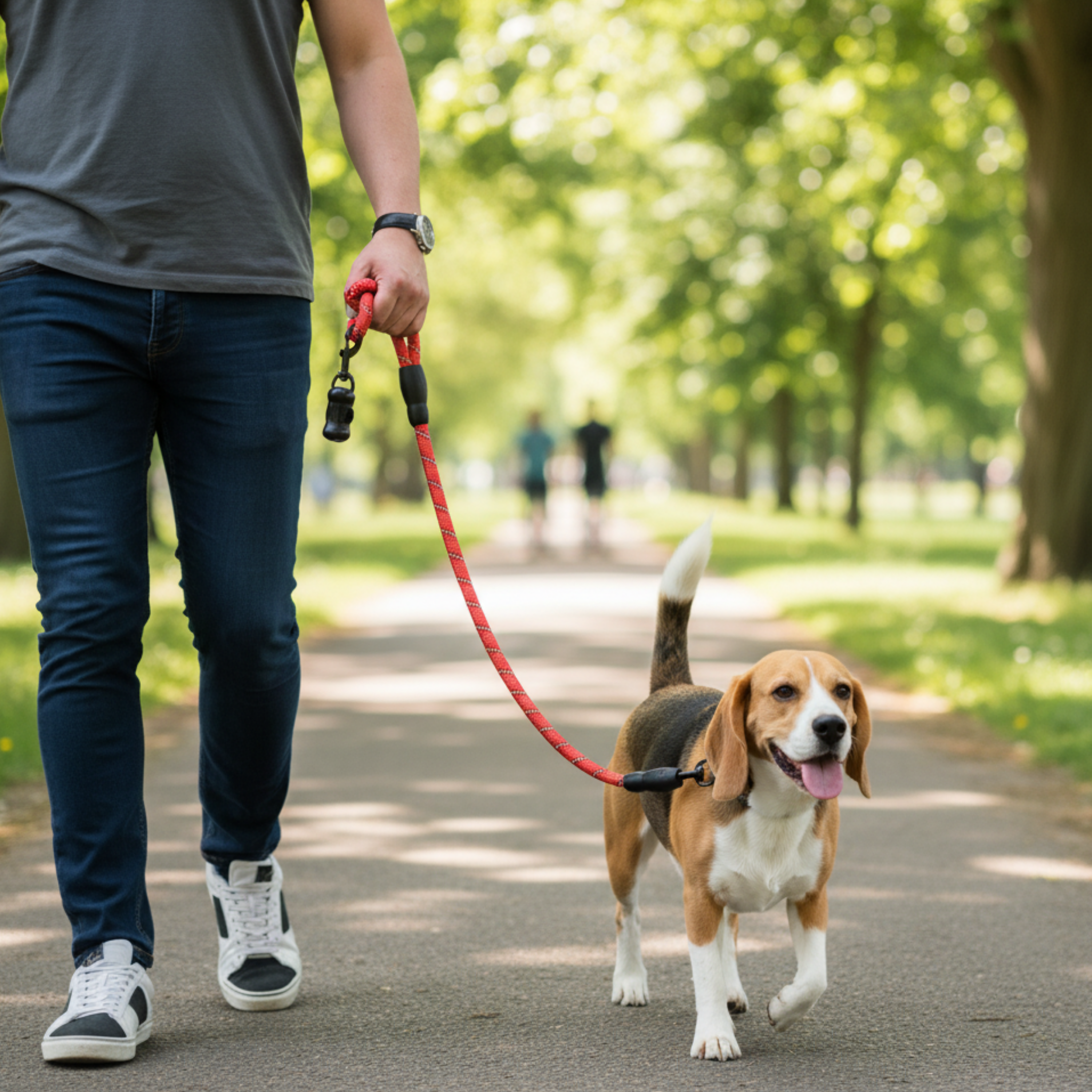 A beagle dog walking on a paved path in a park, attached to a red leash held by a person wearing a gray t-shirt, dark blue jeans, and white sneakers.