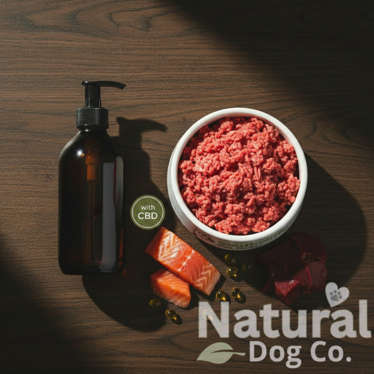 Overhead flat lay on a dark wood surface showing a dark amber pump bottle of Scottish Salmon Oil next to a white bowl of raw minced meat, with fresh salmon pieces, omega-3 gel capsules and a chunk of raw meat arranged around it. Natural Dog Co logo visible in the lower right corner and a green with CBD logo 