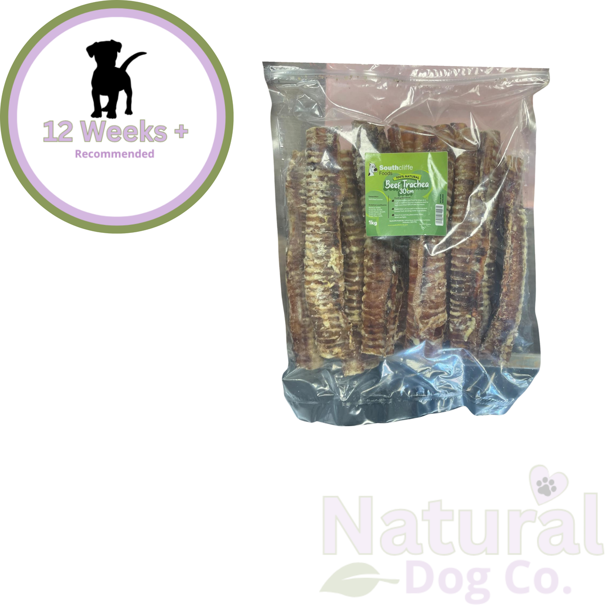 A package of Natural Dog Co. beef trachea's for dogs, shown in a clear plastic bag with a green label.