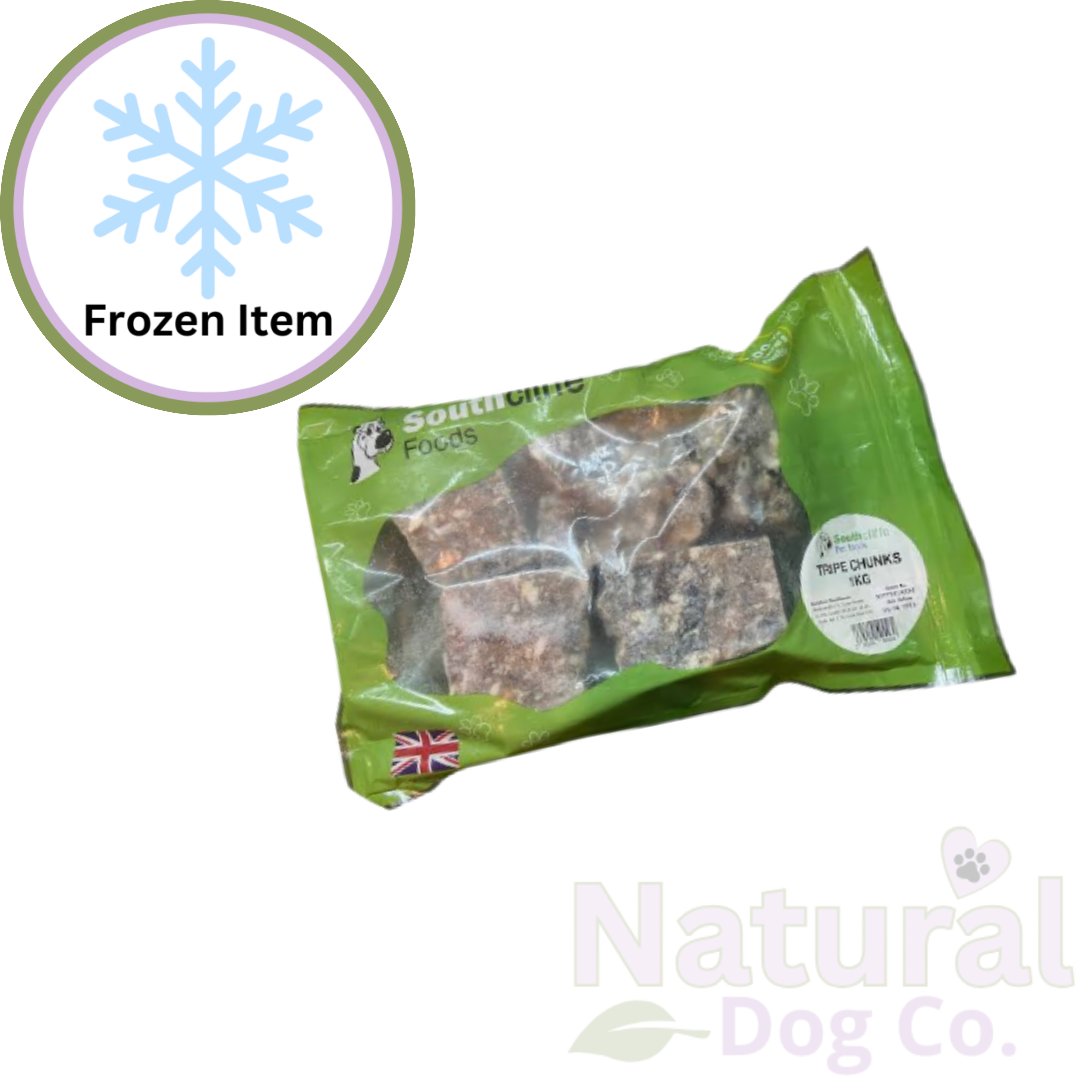 Southcliffe Raw Tripe Cubes 1kg frozen green tripe cubes in a green pack, with a Frozen Item snowflake badge and Natural Dog Co. watermark.