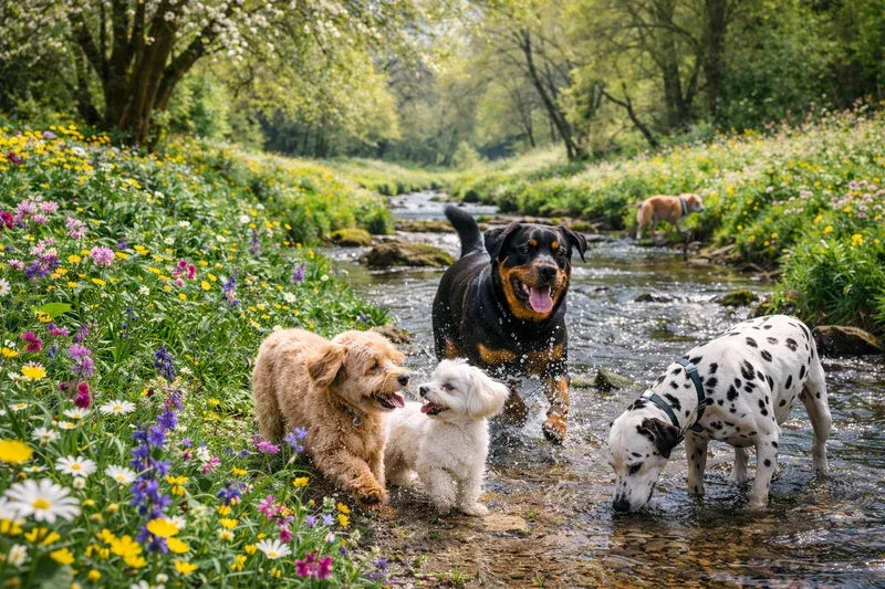 Four dogs playing in a shallow forest stream surrounded by wildflowers and green trees. A black and tan Rottweiler stands in the center, with a golden doodle, a small white dog, and a Dalmatian near the water's edge.