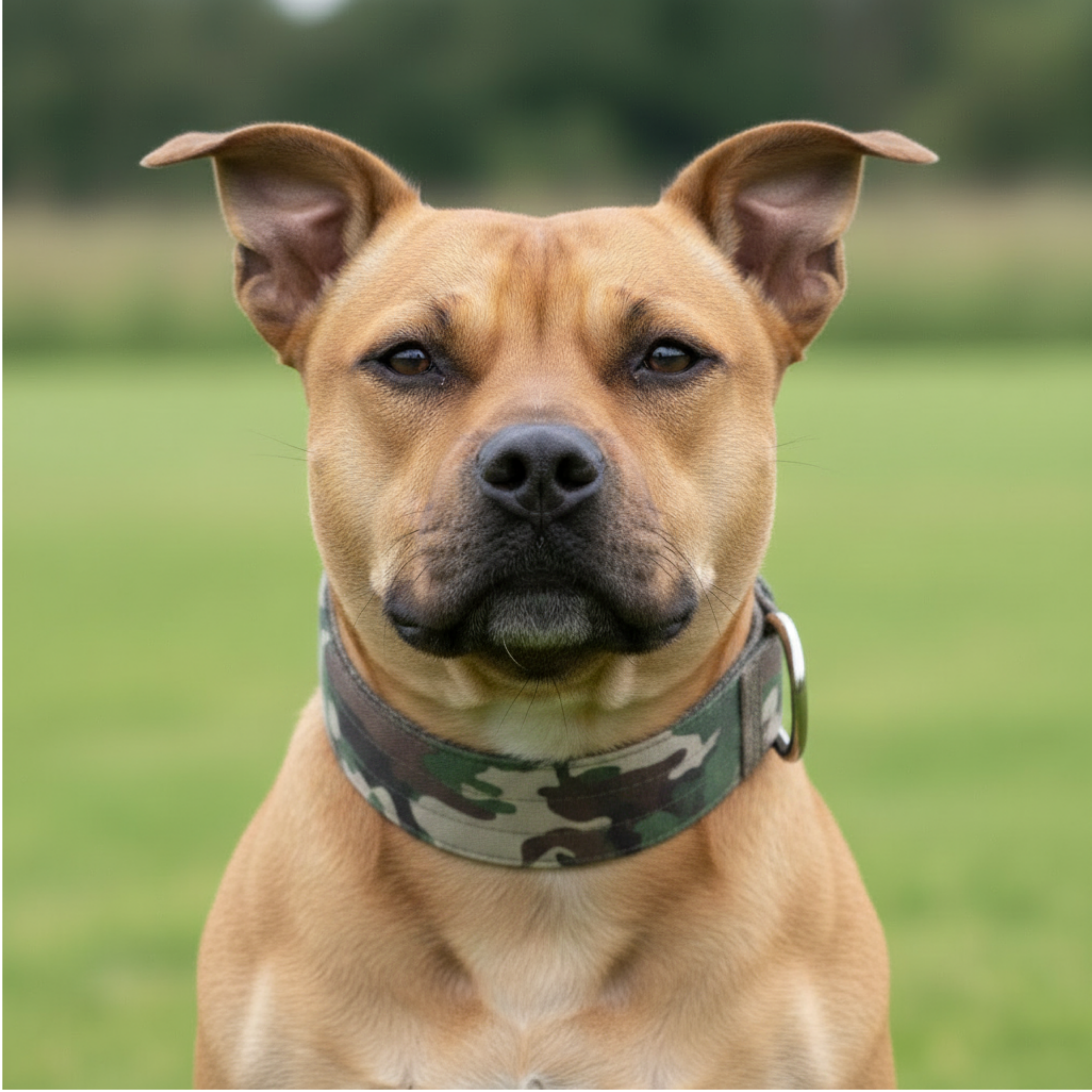 A tan dog wearing a green and brown camouflage collar, photographed outdoors against a blurred green grassy background.