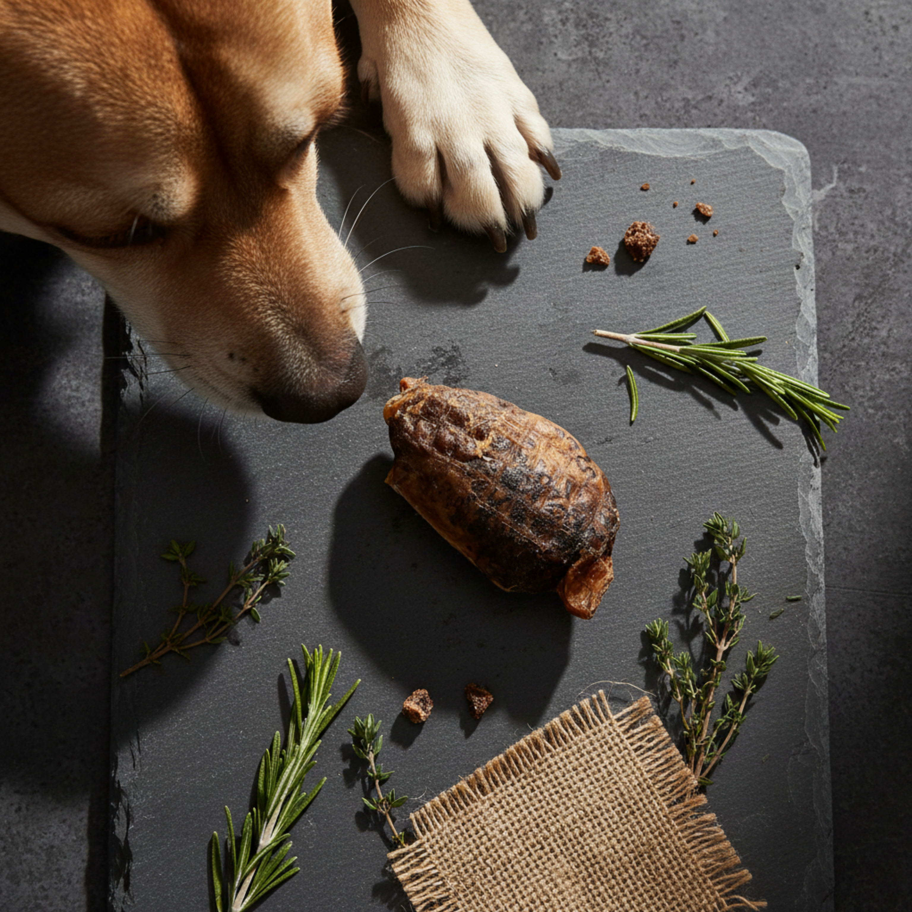 A dog's head and paws are shown closely inspecting a beef testicle treat on a dark slate board, surrounded by rosemary, herbs, and a piece of burlap fabric.