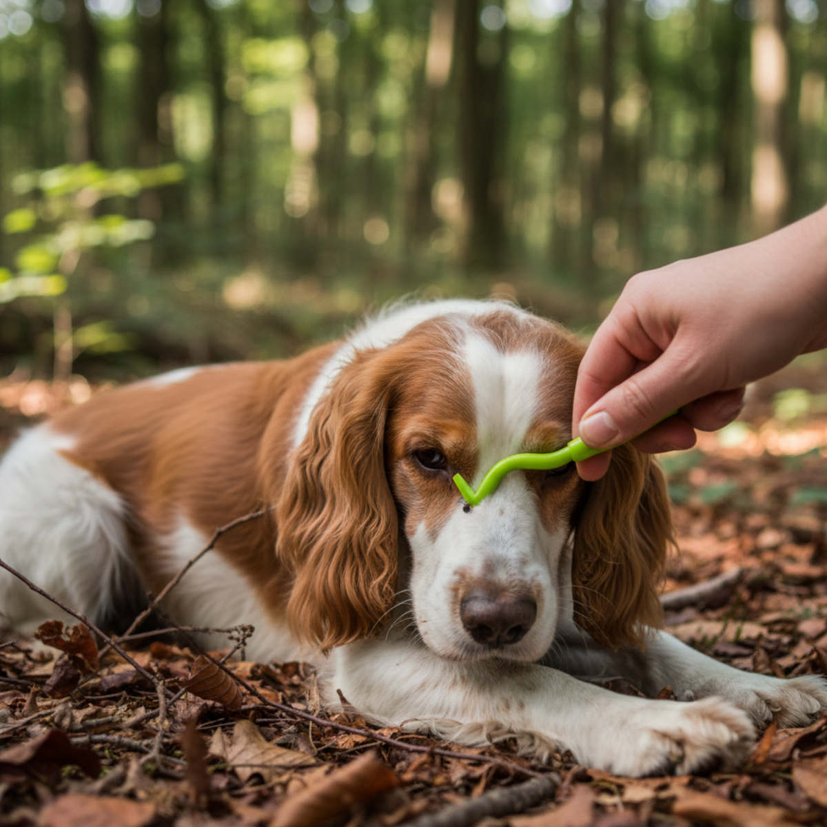 A brown and white dog lying on a forest floor while a human hand holds a bright green tick remover n front of its nose ready to remove the tick attached to its nose.