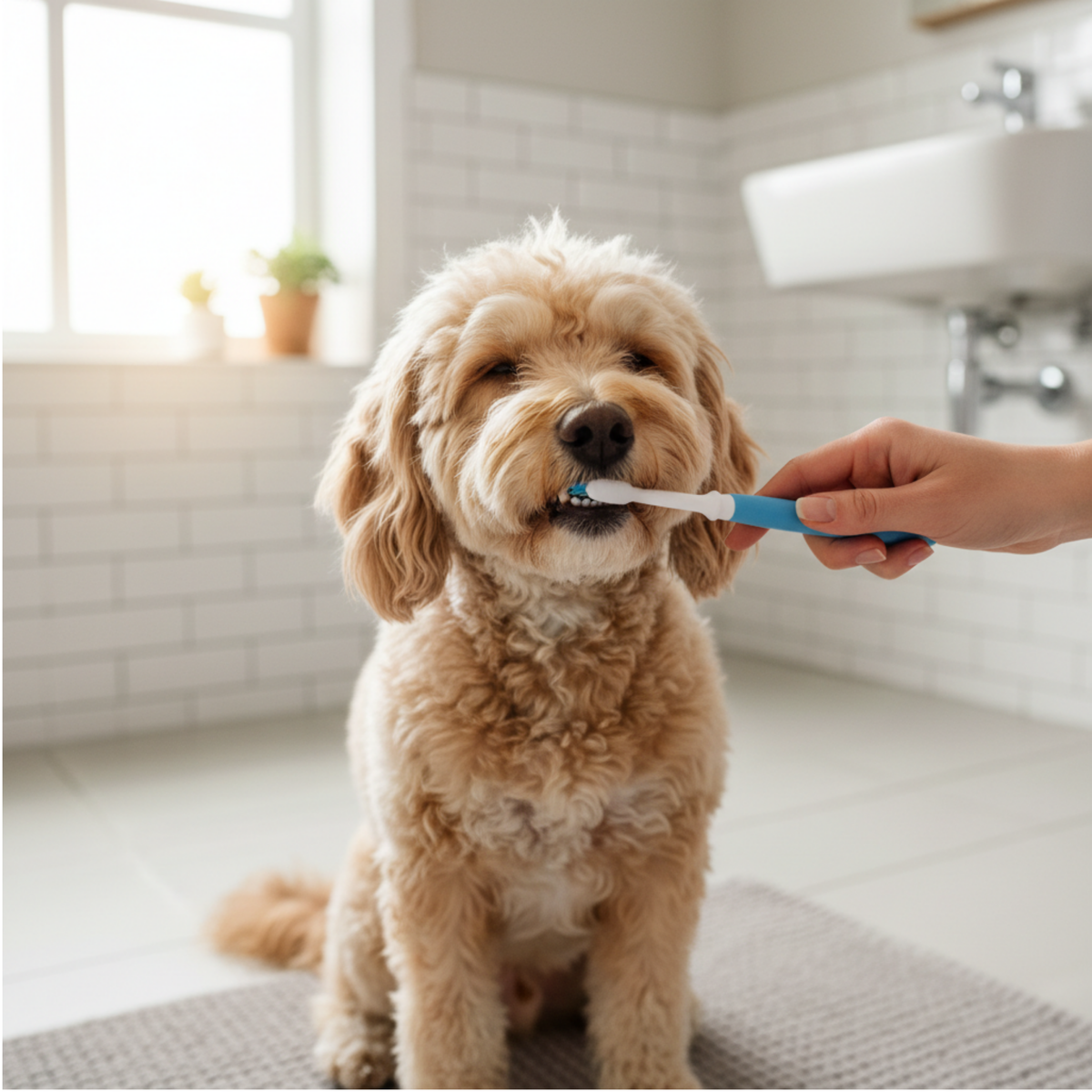 A fluffy light brown dog sitting on a bath mat in a bright bathroom while a human hand holds a blue and white toothbrush in its mouth.