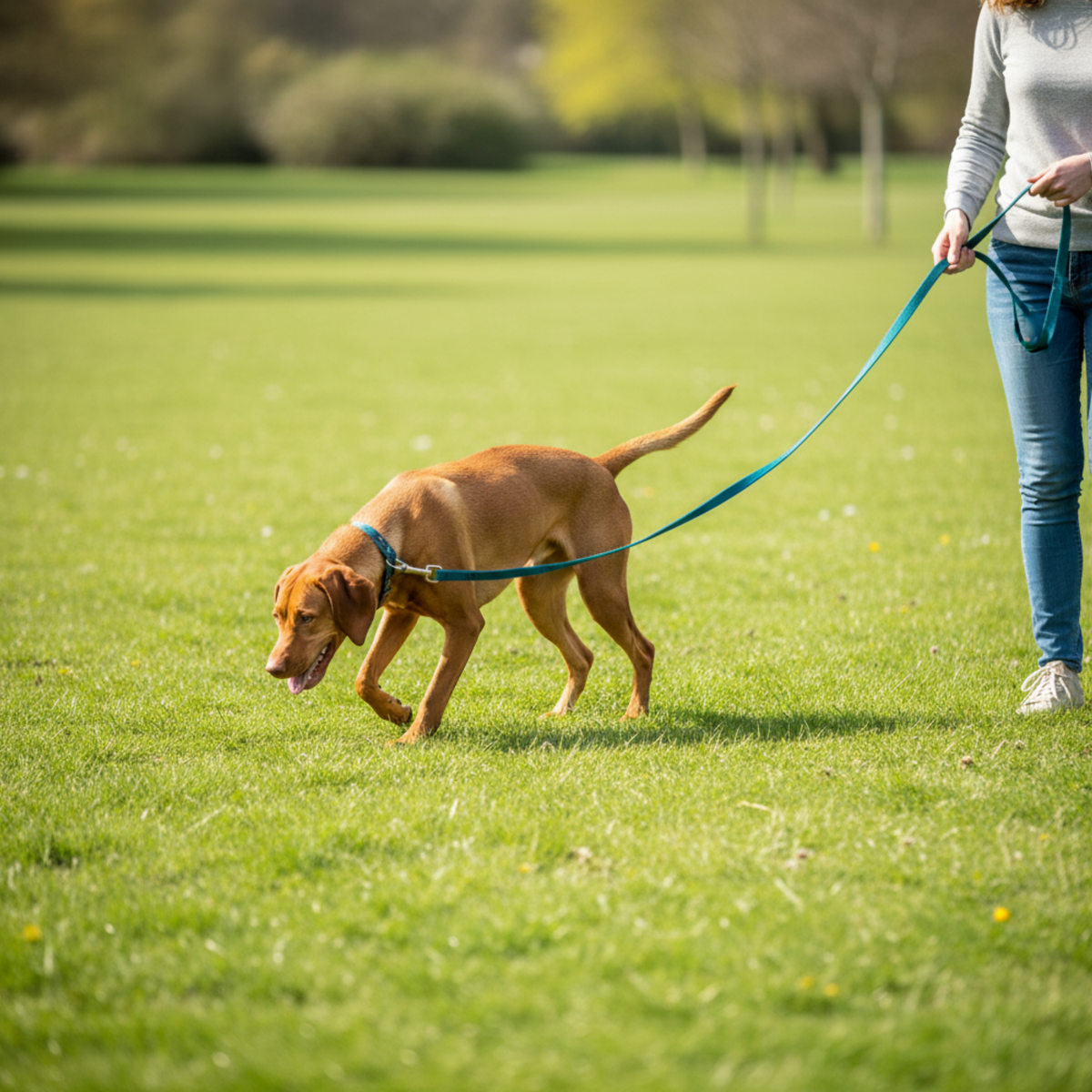 A brown dog walks on a green grassy field while being led by a person wearing a light gray long-sleeve top, blue jeans, and white sneakers. The dog is wearing a blue harness and leash.