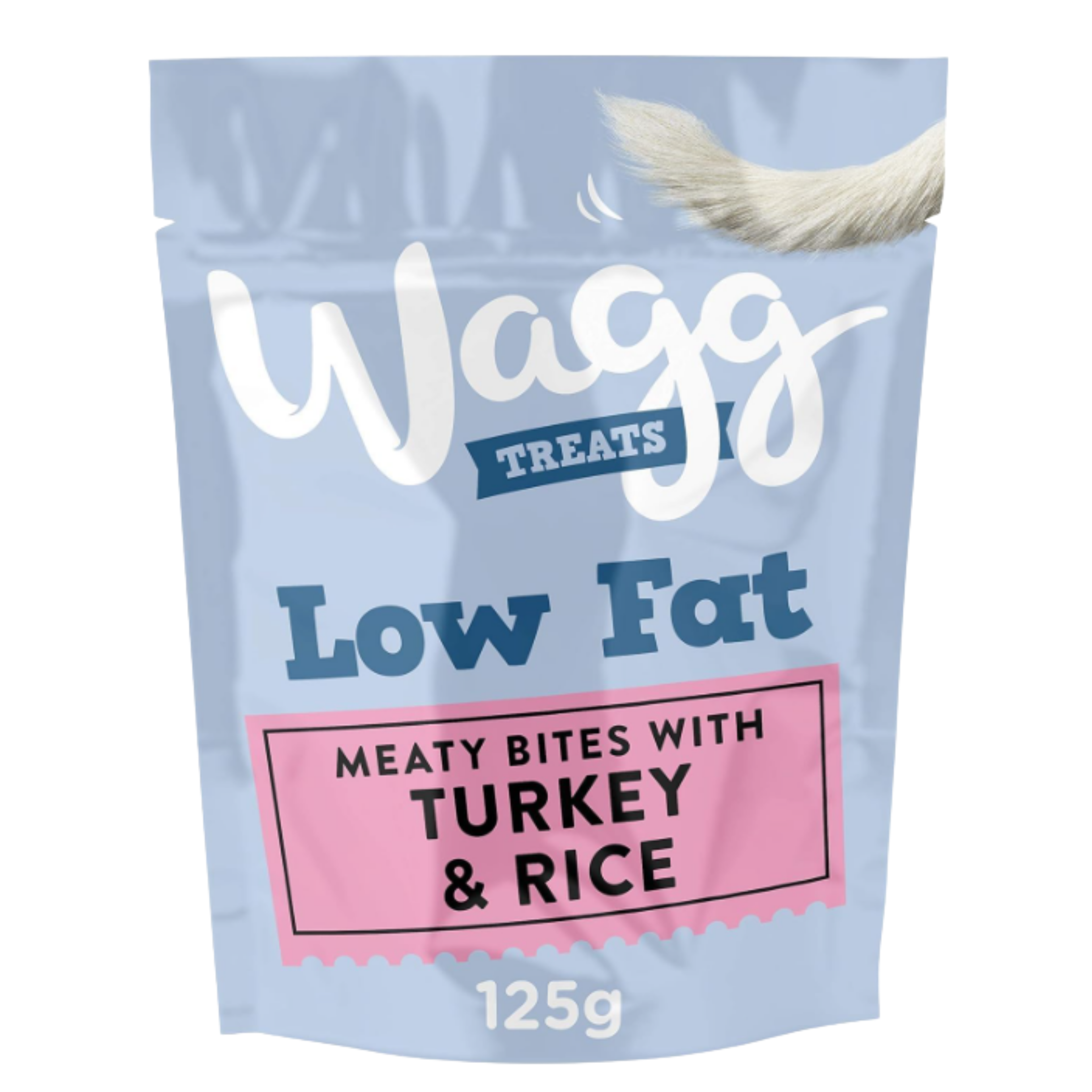 A 125g stand-up pouch of Wagg Treats Low Fat Meaty Bites with Turkey & Rice, featuring a light blue background, white and blue lettering, and a pink label.