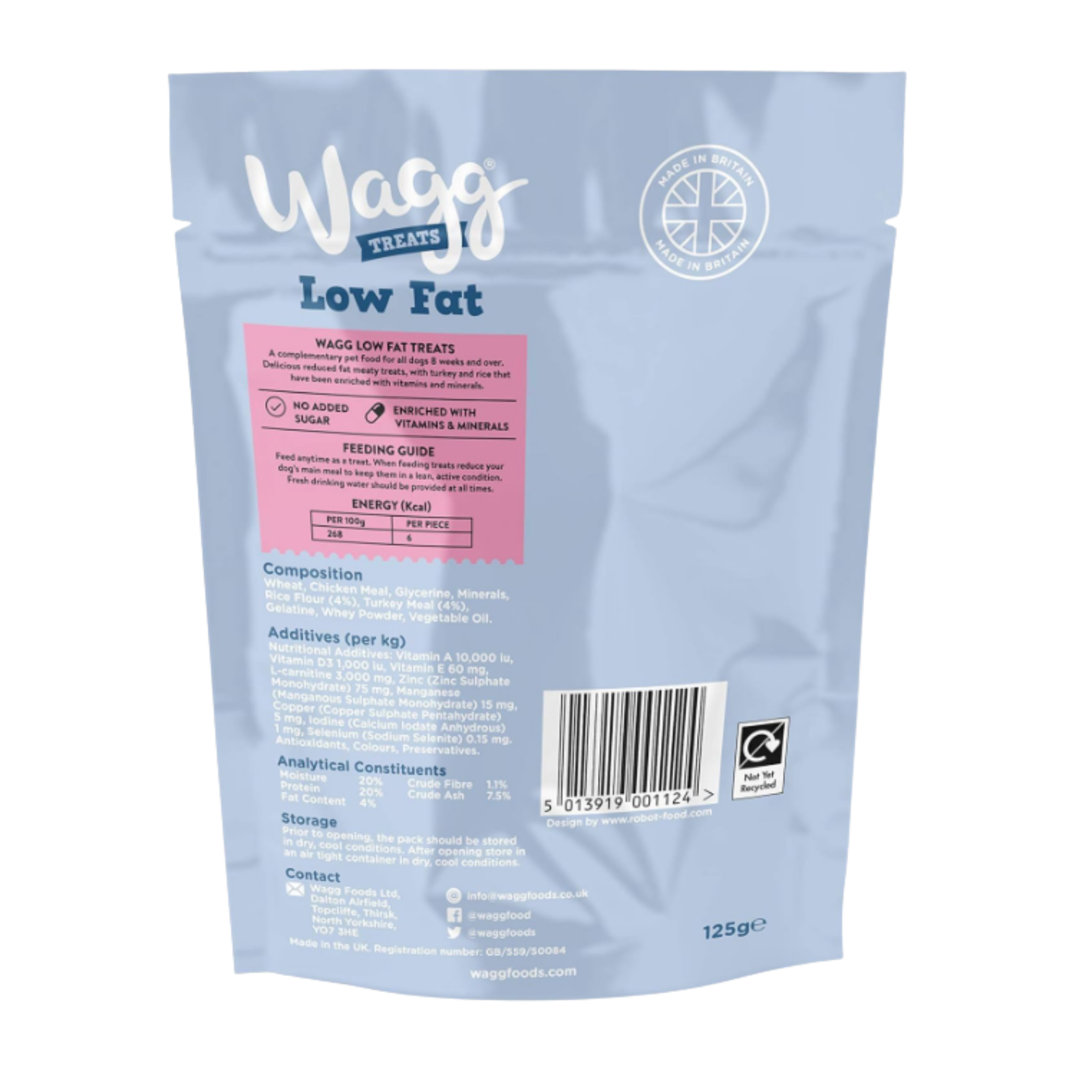 Back view of a 125g Wagg Treats Low Fat pouch, featuring a light blue background with a pink nutrition label, barcode, and text details.