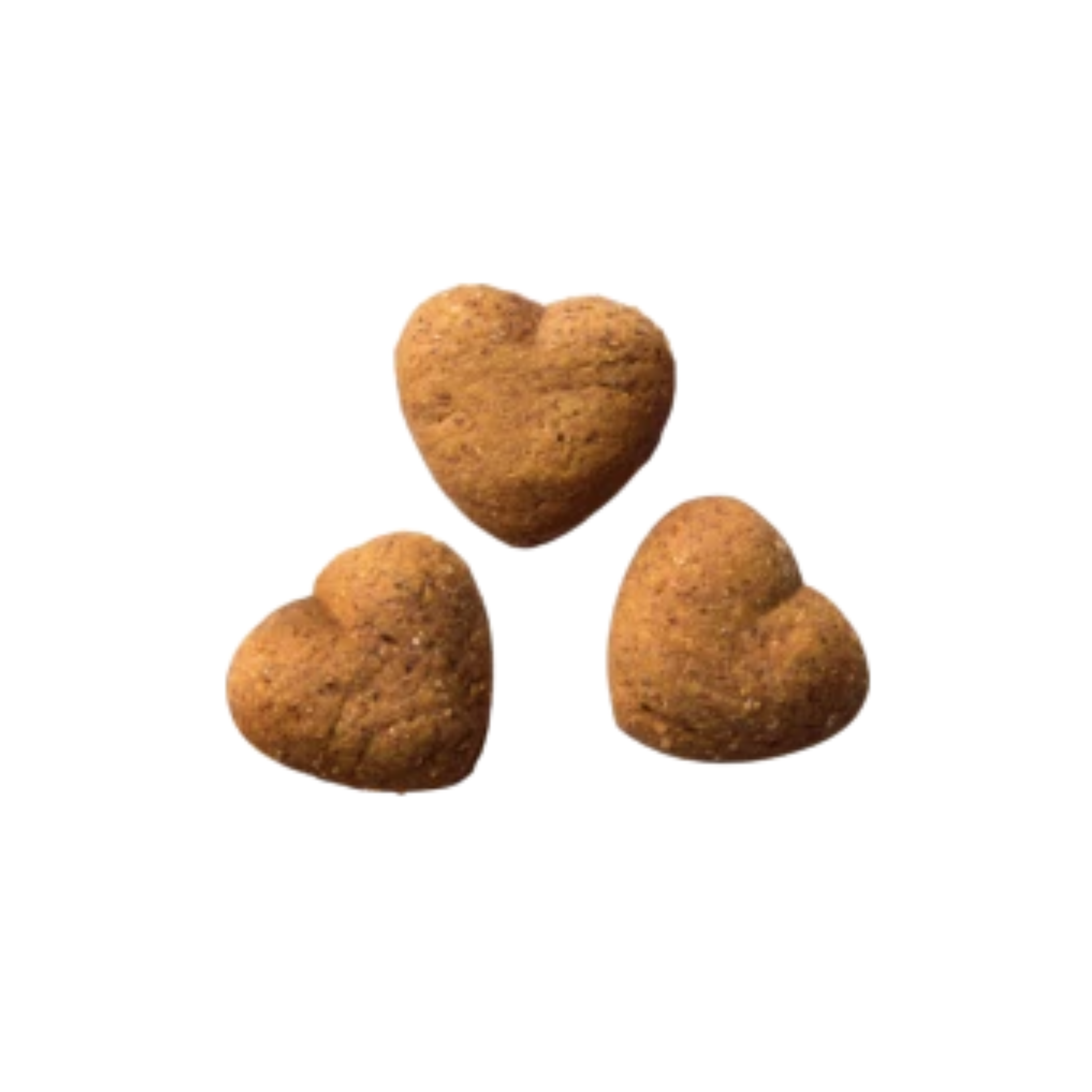 Three small heart-shaped brown treats arranged in a triangle on a plain white background.