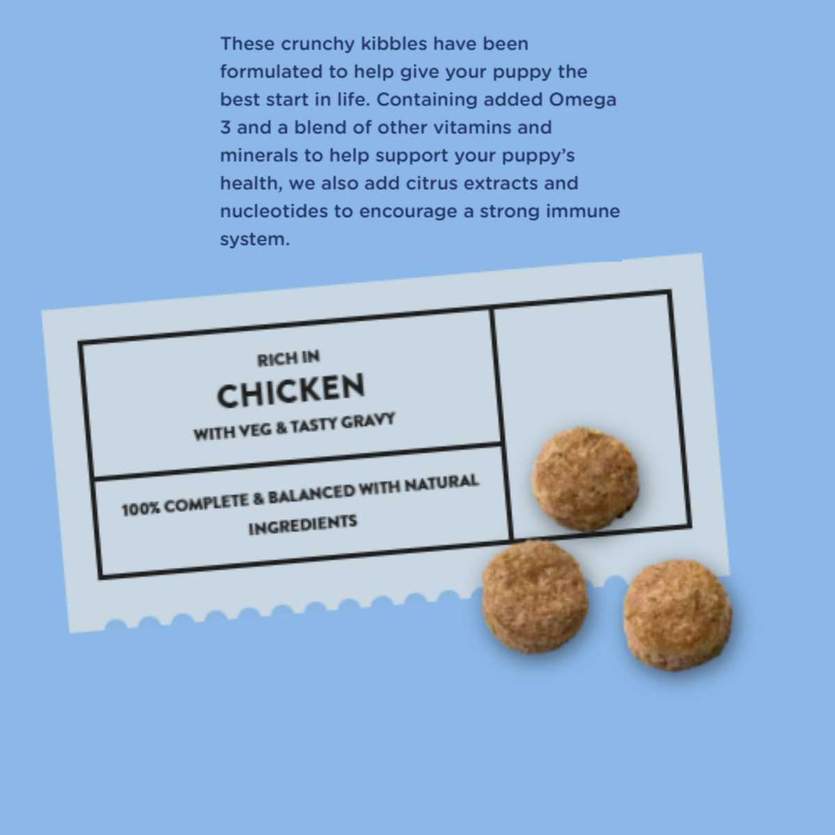 Text on a light blue background describing crunchy kibble for puppies, with a white product label card reading 'Rich in Chicken with veg & tasty gravy' and three brown kibble pieces shown beside it.