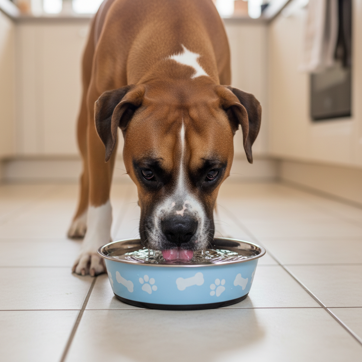 A brown and white dog drinking water from a light blue bowl with white paw and bone prints, set on a tiled kitchen floor.