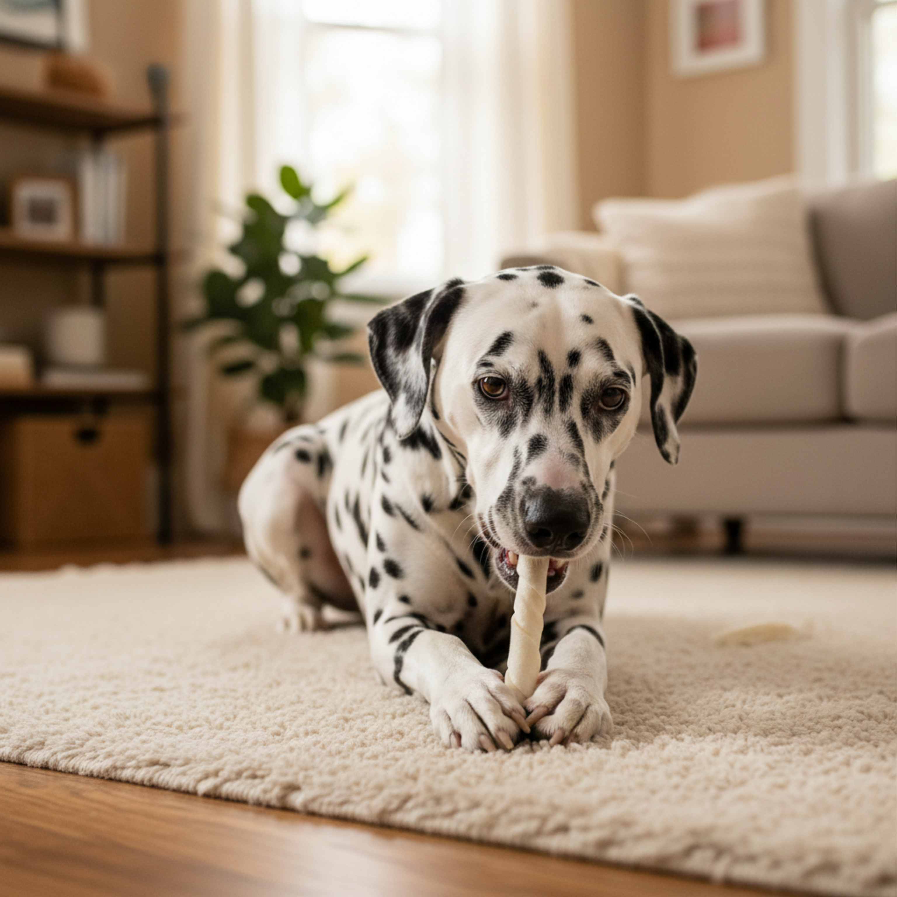 A Dalmatian dog lying on a beige rug in a cozy living room, holding a white hide dog treat in its paws