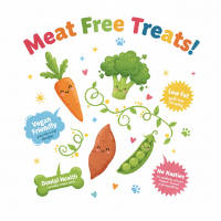 A colorful cartoon-style graphic with the text 'Meat Free Treats!' at the top and several illustrated vegetable treats including a carrot, broccoli, sweet potato, pea pod, and bone, plus small badges and hearts on a white background.