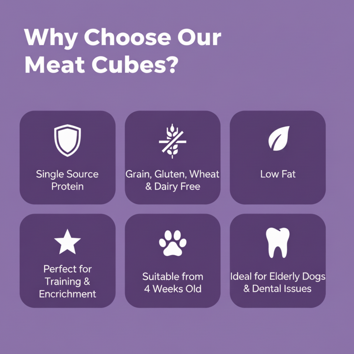 Promotional graphic on a purple background with the headline 'Why Choose Our Meat Cubes?' and six feature tiles: single source protein, grain/gluten/wheat/dairy free, low fat, perfect for training and enrichment, suitable from 4 weeks old, and ideal for elderly dogs and dental issues.