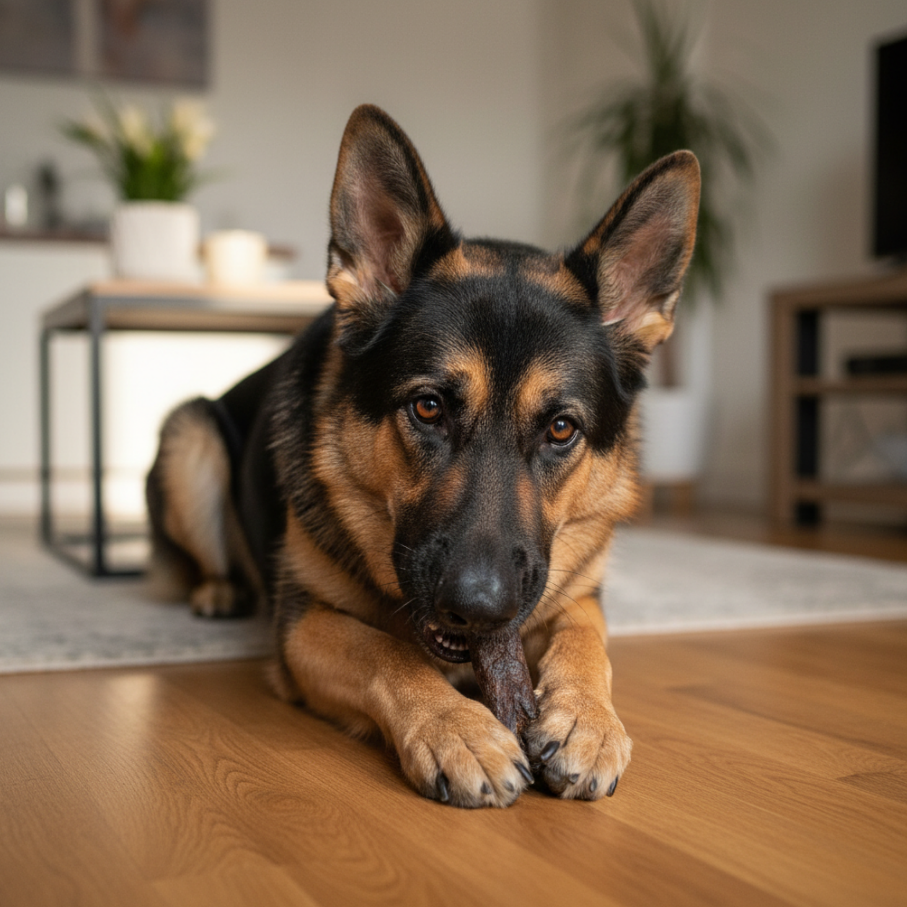 German Shepherd dog lying on a wooden floor in a modern living room chewing a wild boar trotter