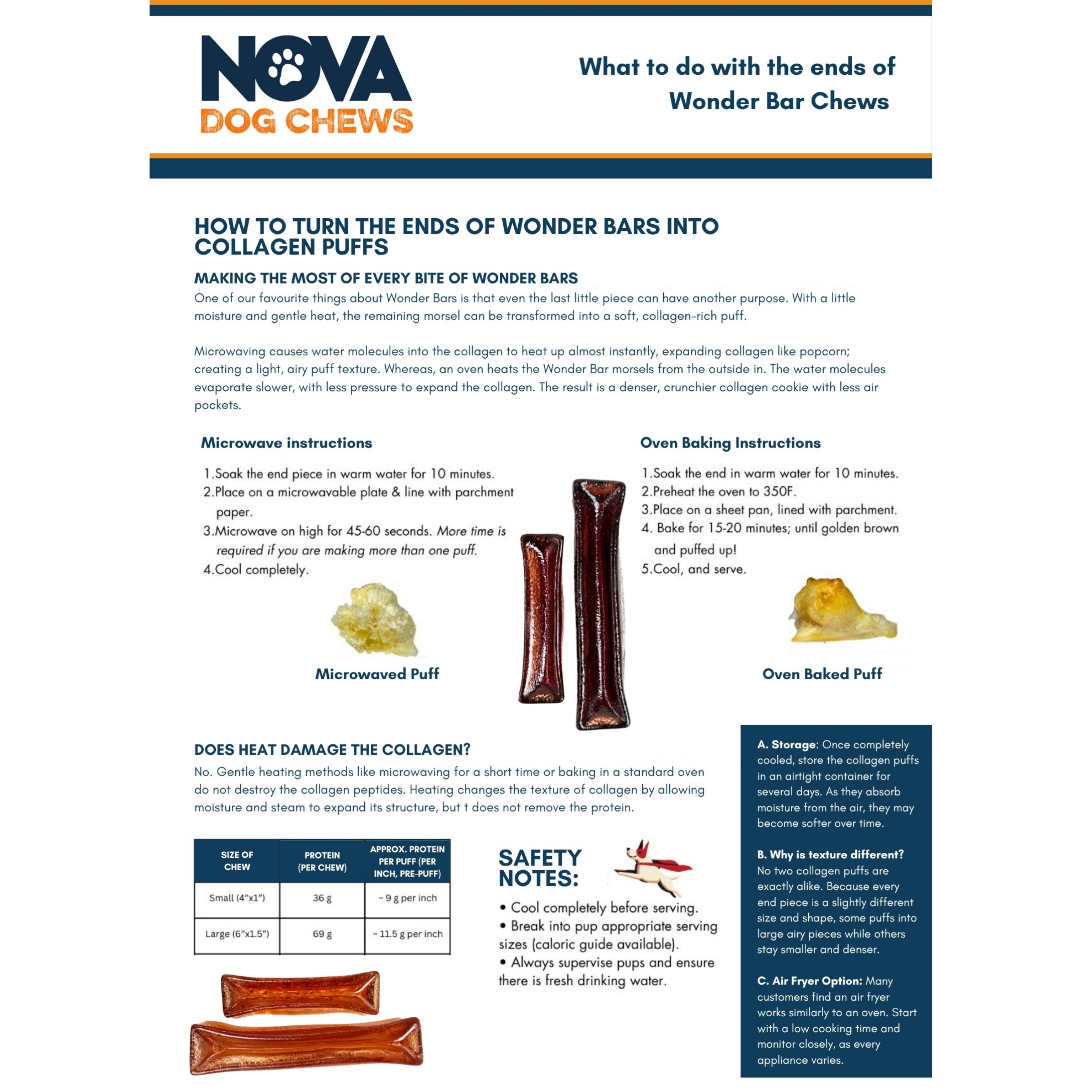 Instruction sheet for Nova Dog Chews showing how to convert Wonder Bar chews into collagen puffs, with step-by-step microwave and oven baking instructions, notes, and small before/after photos of the chew transformed into puffs.
