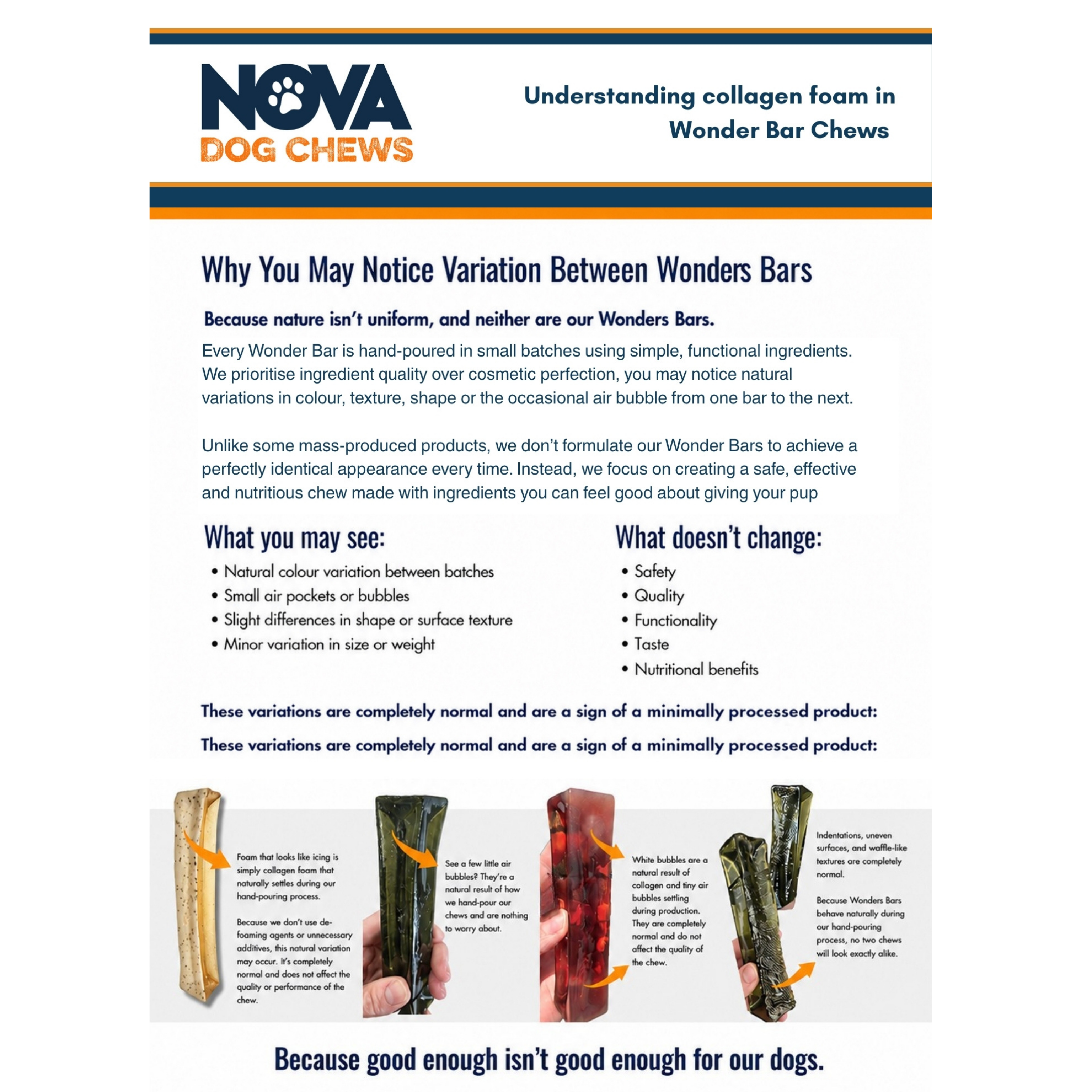 A branded informational flyer for Nova Dog Chews explaining why owners may notice variation between Wonders Bars, with text blocks and several small product photos showing different chew shapes and colors.
