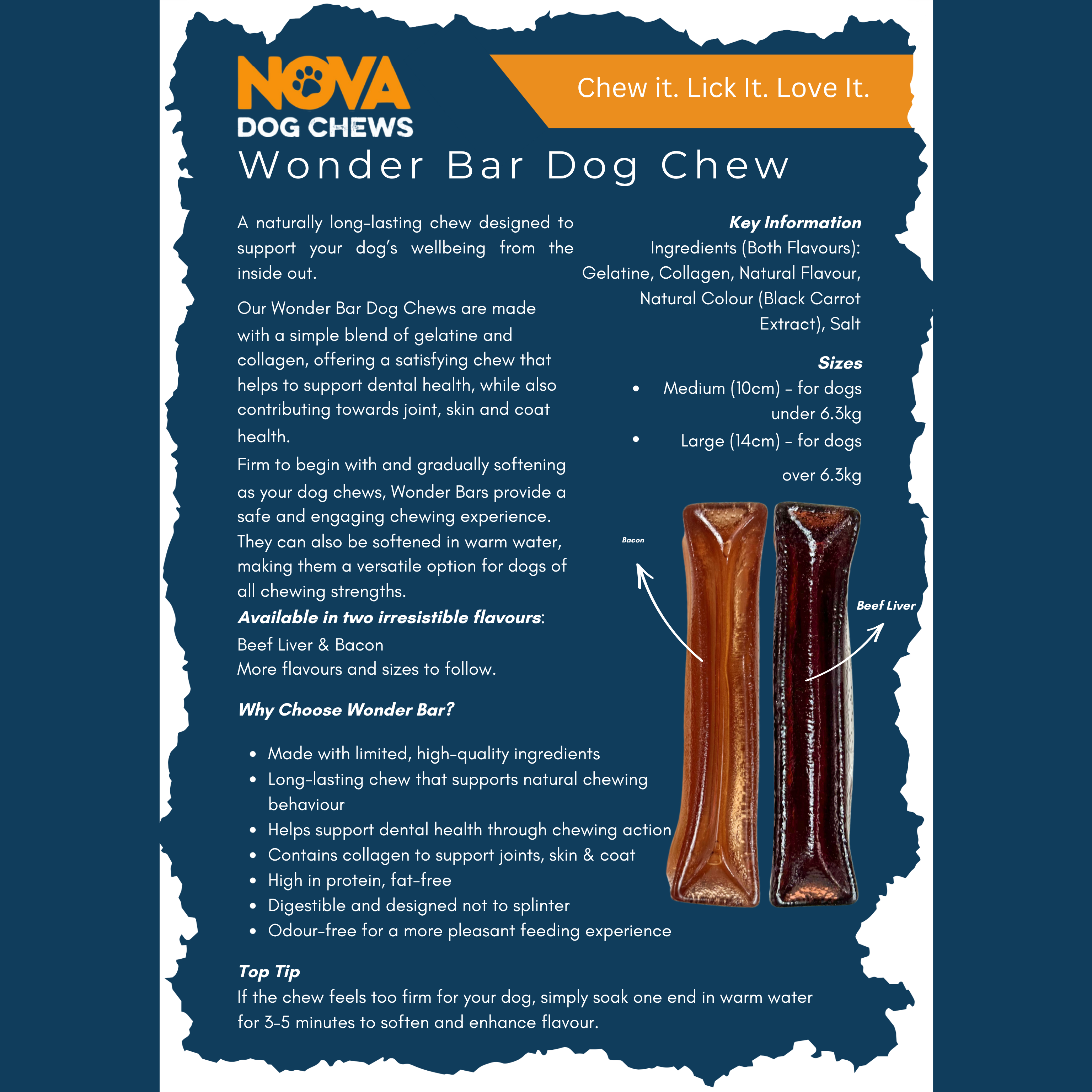 A promotional product card for Nova Dog Chews Wonder Bar Dog Chew, showing the product packaging, key information, and two illustrated cross-sections of the chew labeled beef liver and beef bone.