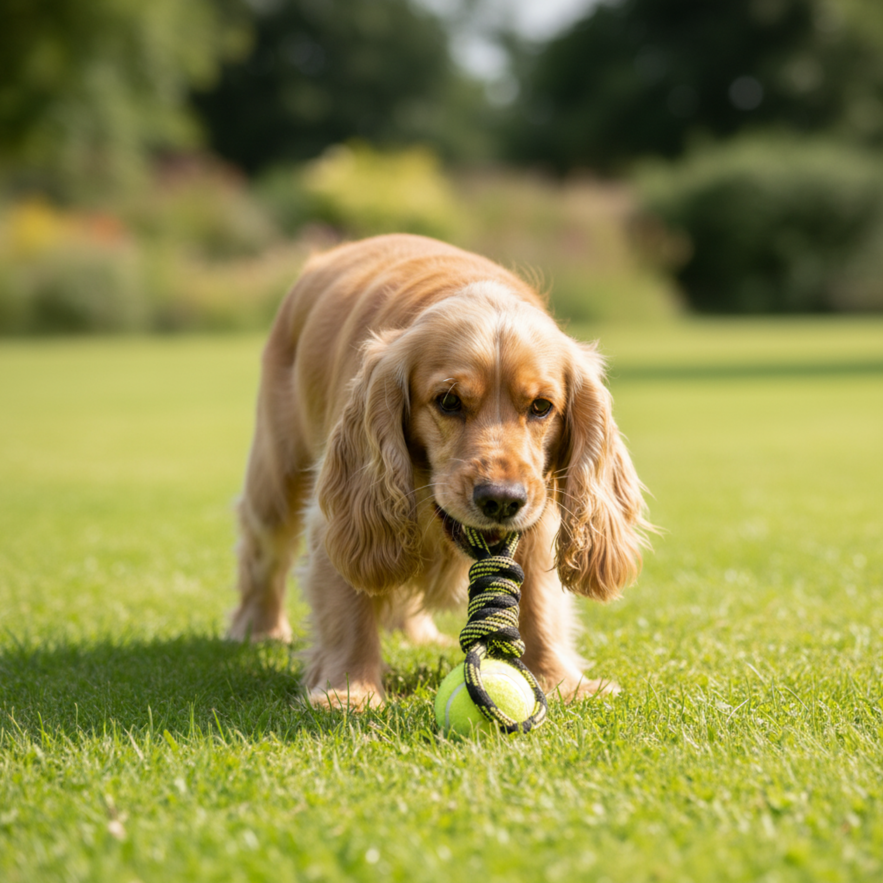 A golden Cocker Spaniel dog on a green lawn holding a black and green rope toy with a yellow tennis ball attached, in a sunny outdoor park setting.