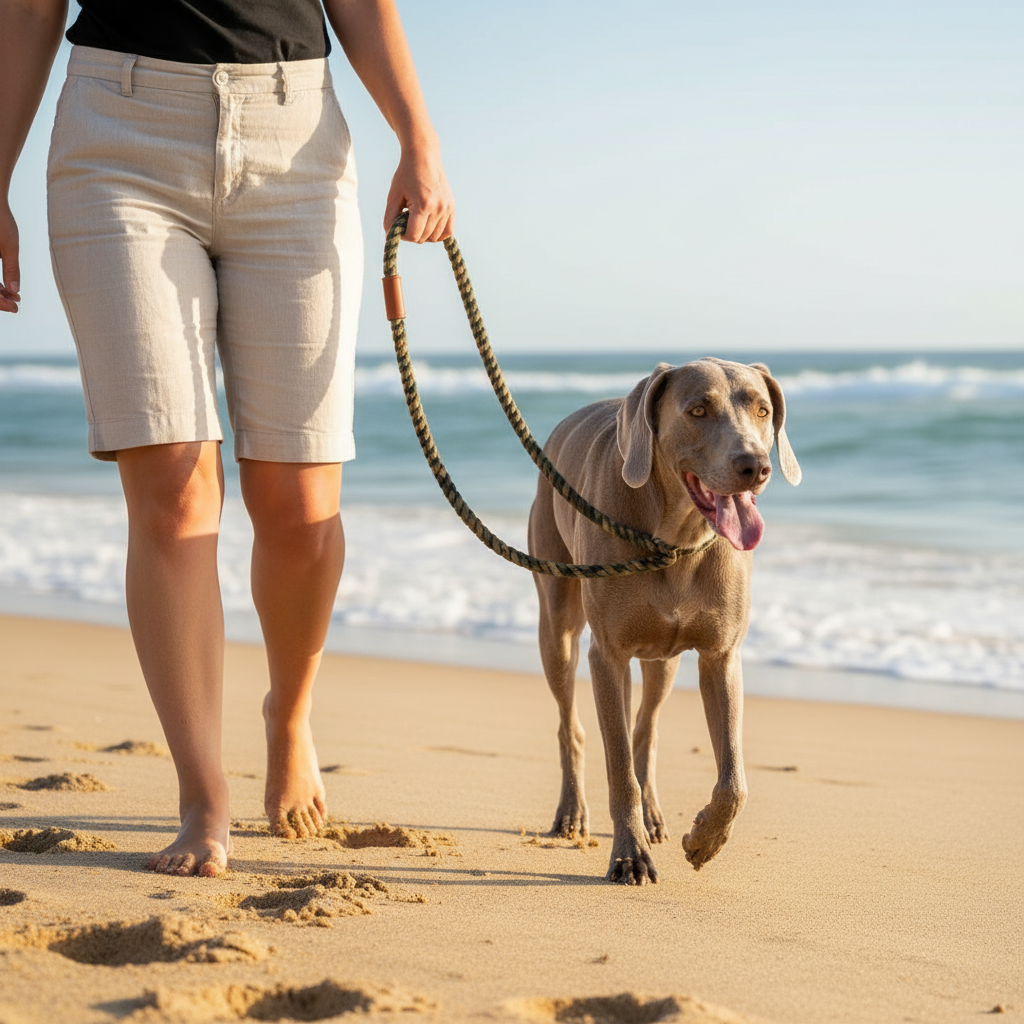 A person walking barefoot on a sandy beach with a dog on a rope leash, wearing light beige linen shorts and a black top, with the ocean in the background.
