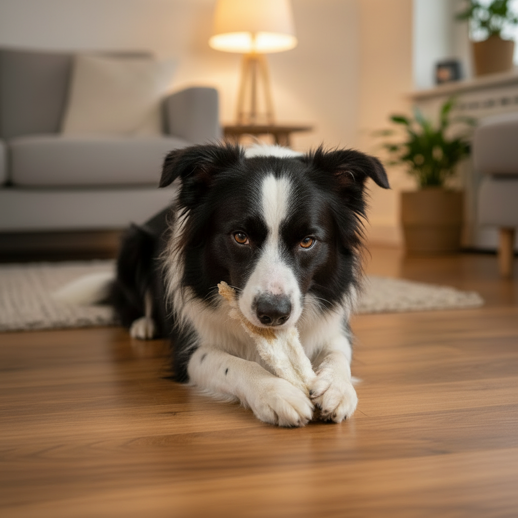 Border Collie lying on a wooden floor looking down at a large dried rabbit skin treat between its front paws, natural indoor lighting