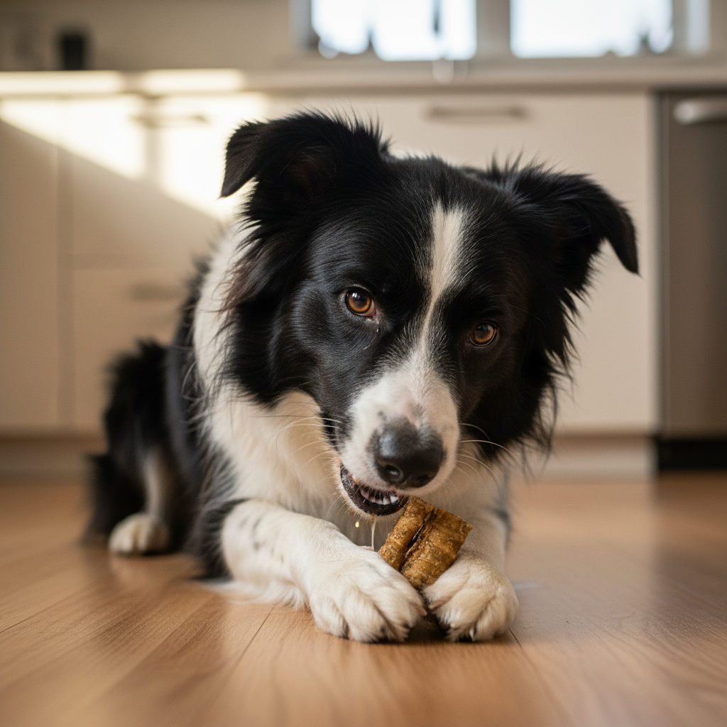 A black and white Border Collie lying on a wooden floor in a bright kitchen, chewing on a trachea dog treat