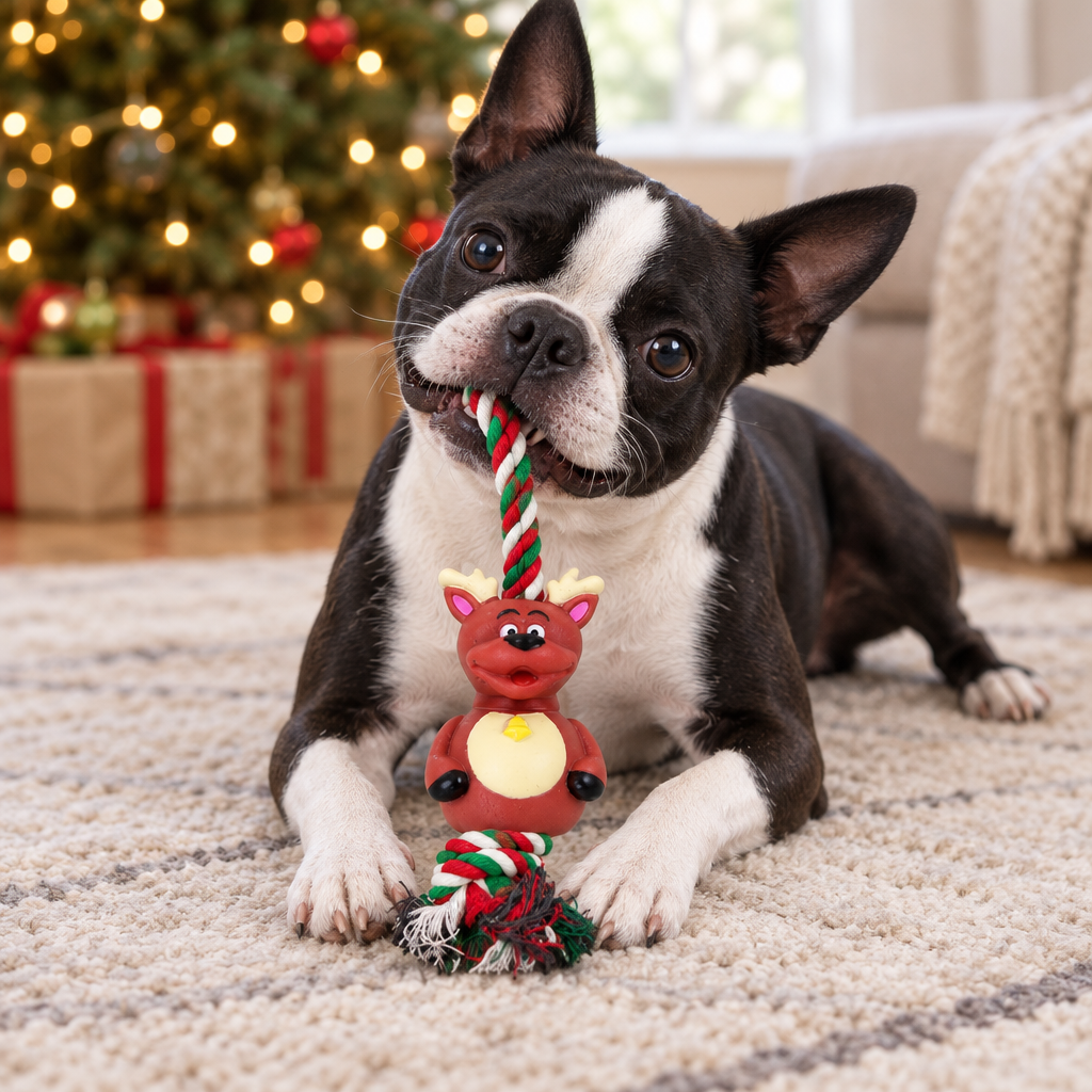 Boston Terrier playing with the reindeer Christmas rope toy in a cosy living room