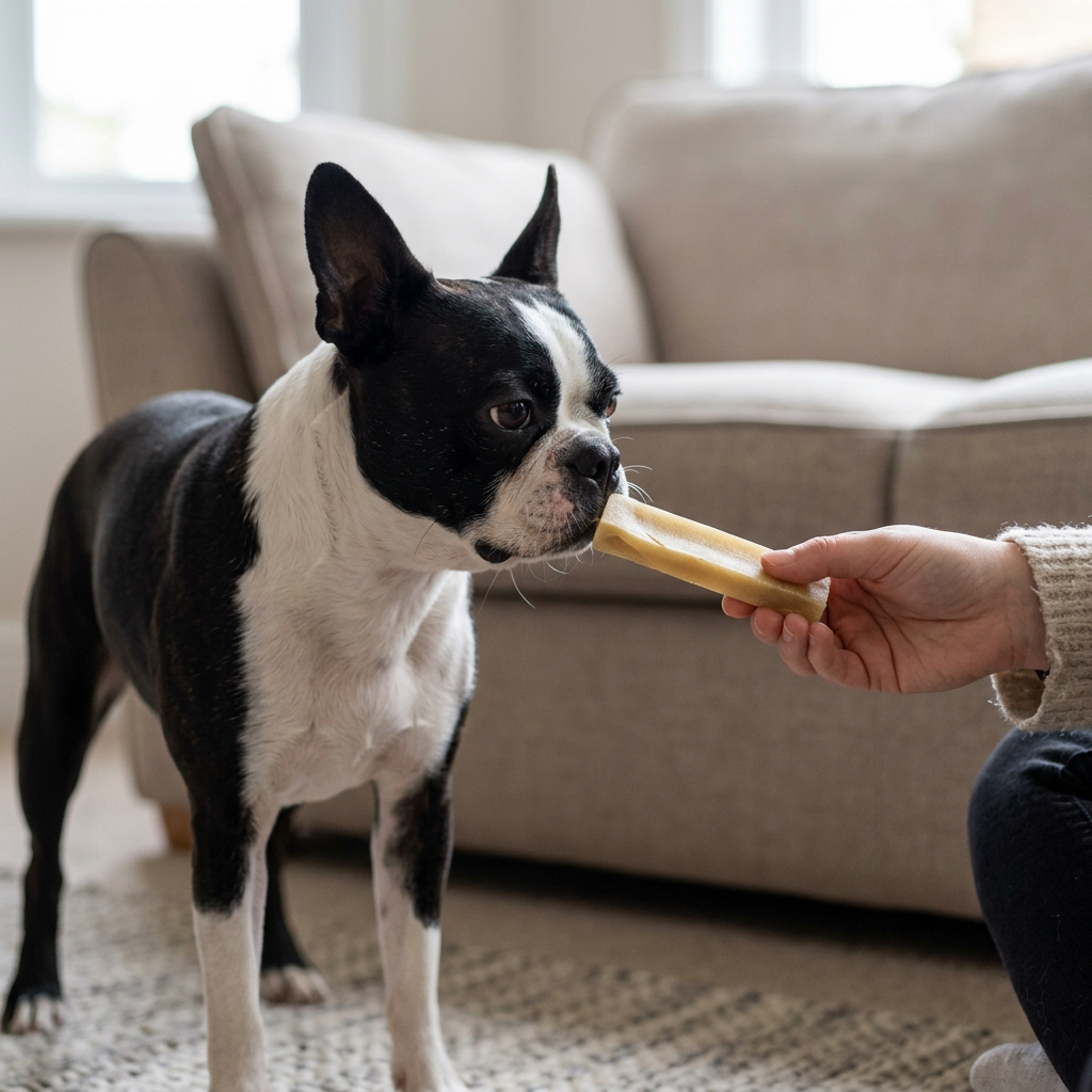 Boston Terrier sniffing a plain yak bar held by its owner in a cosy living room