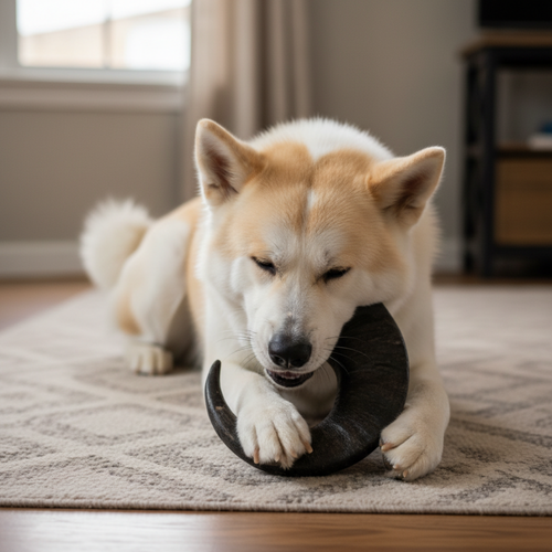 A cream and tan Shiba Inu dog lies on a patterned beige rug, chewing on a dark brown crescent-shaped dog toy in a cozy indoor setting.