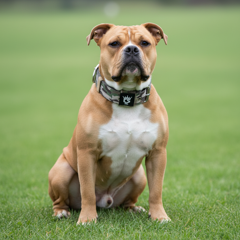 A tan and white American Bulldog sitting upright on a lush green lawn, looking directly at the camera with a confident expression, wearing a camouflage pattern collar with a crown logo buckle