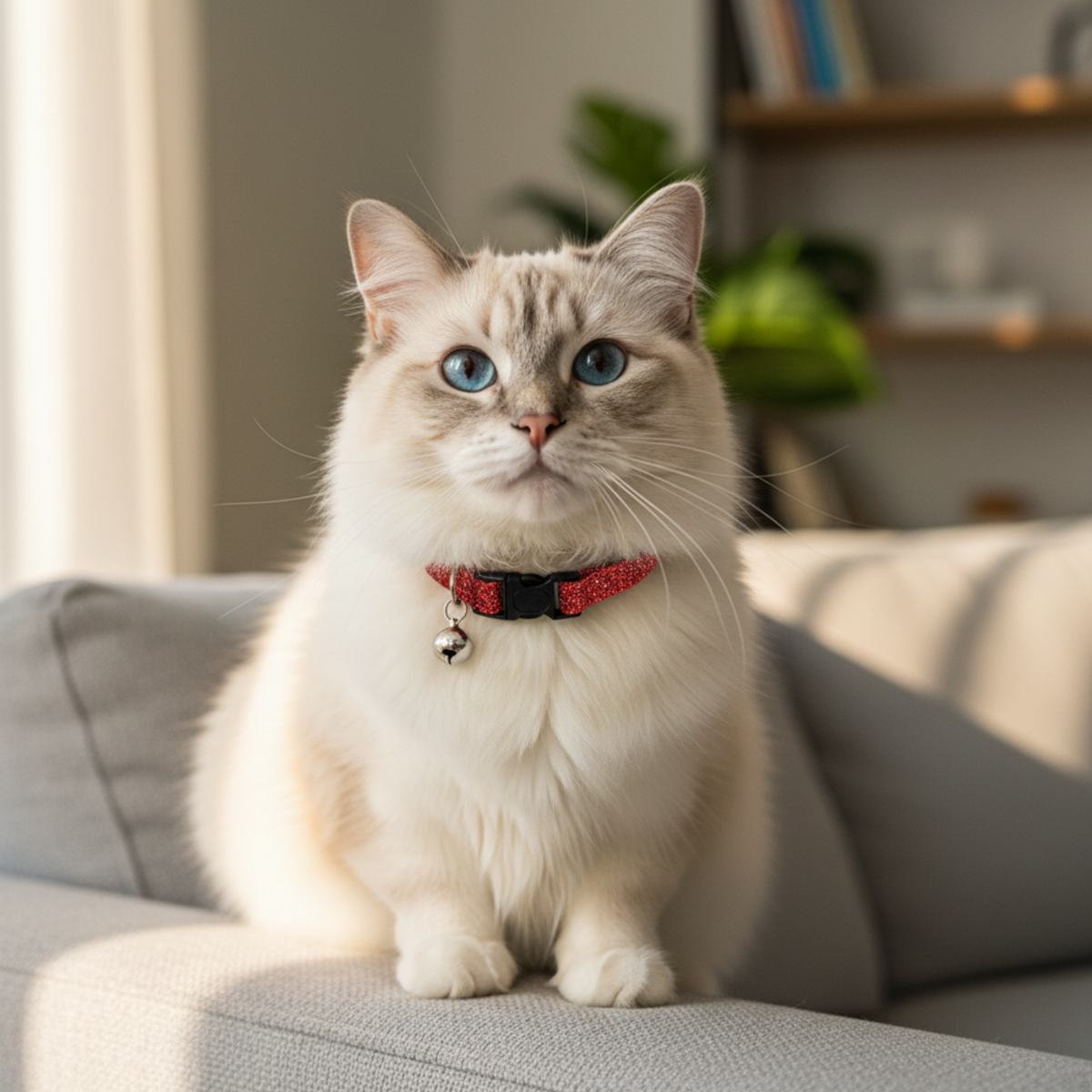 A fluffy cream-colored cat with blue eyes sits on a light gray sofa, wearing a red and black patterned collar with a small silver bell.